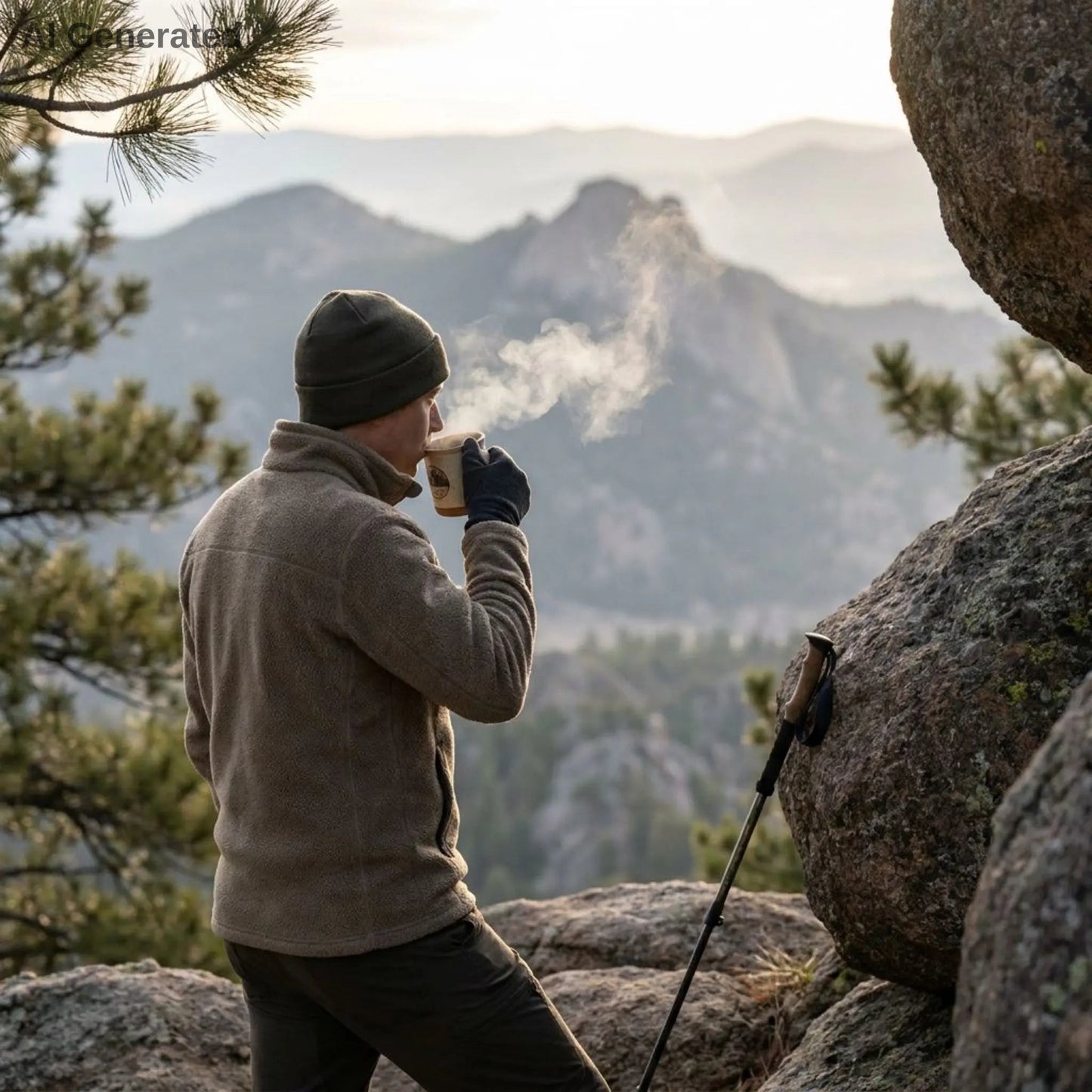 Hiking drinking from a mug with a mountainous landscape in the background
