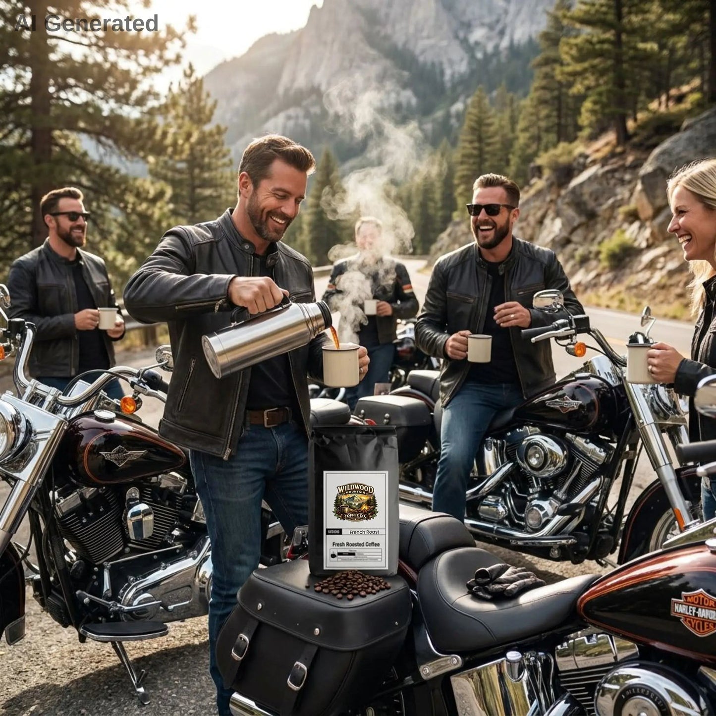 Group of motorcyclists enjoying coffee in a mountainous area with a brand logo overlay.