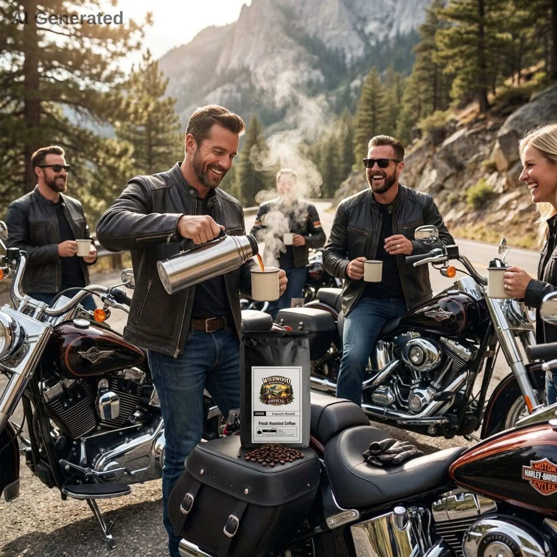 Group of motorcyclists enjoying coffee in a mountainous area with a brand logo overlay.