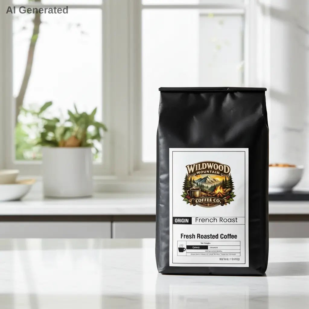 Bag of Wildwood Coffee Co. French Roast coffee on a marble kitchen counter with a window in the background.