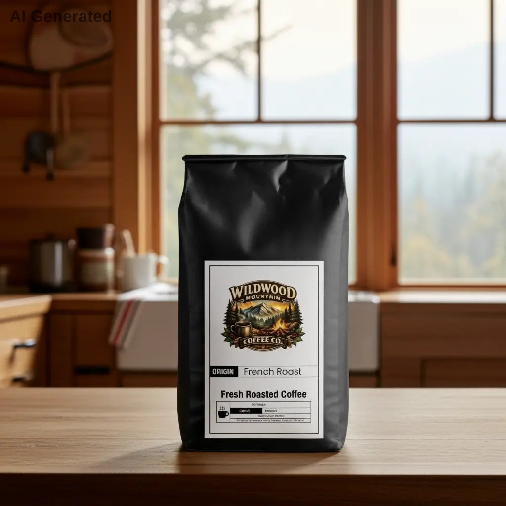 Bag of Wildwood Coffee Co. French Roast coffee on a wooden table with a kitchen background