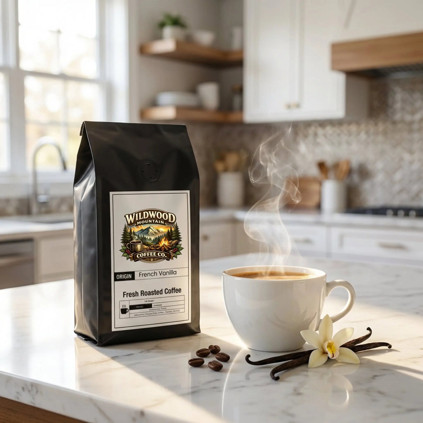 Wildwood Coffee Co. bag and steaming cup of coffee on a kitchen counter