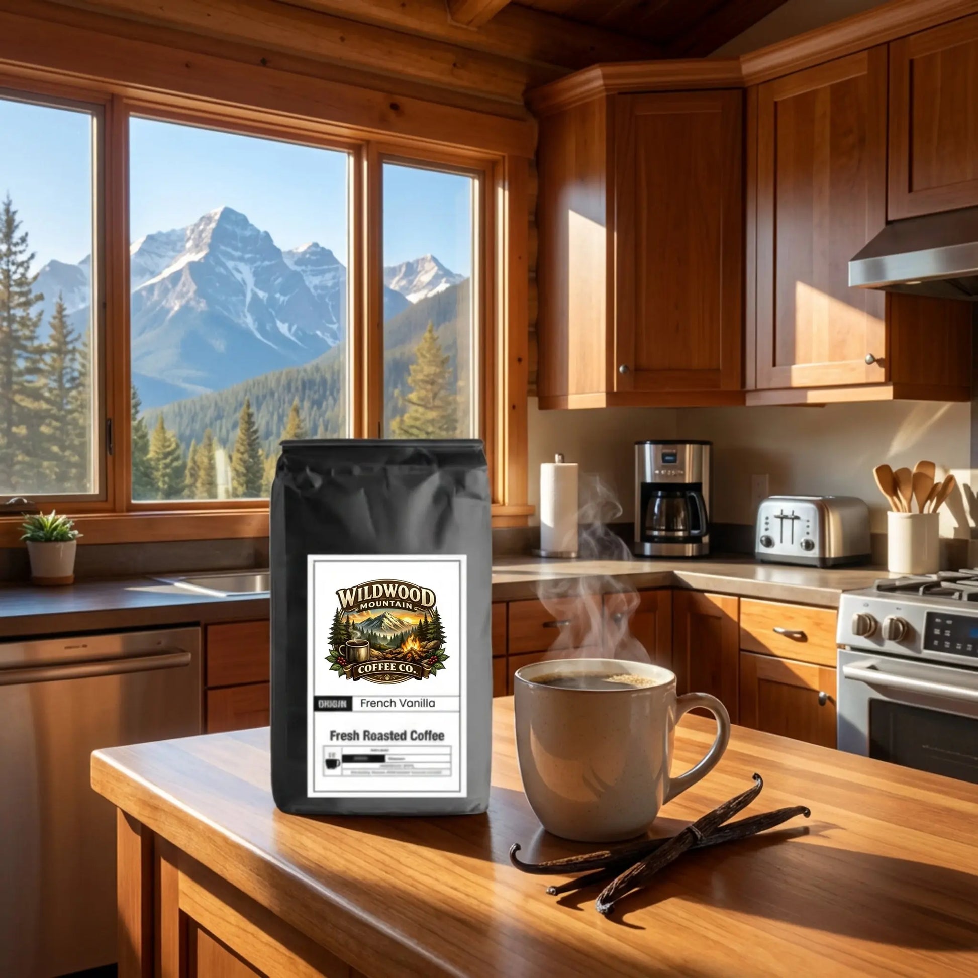 Kitchen with a view of mountains, featuring a bag of Wildwood Mountain Coffee Co. coffee and a steaming cup on a wooden counter.