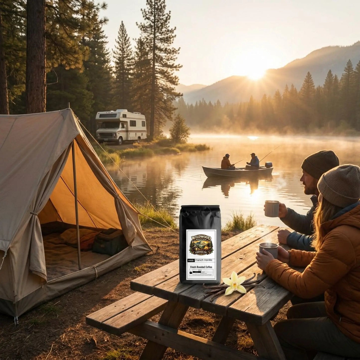 Two campers camping by a lake with a tent and picnic table, enjoying coffee.
