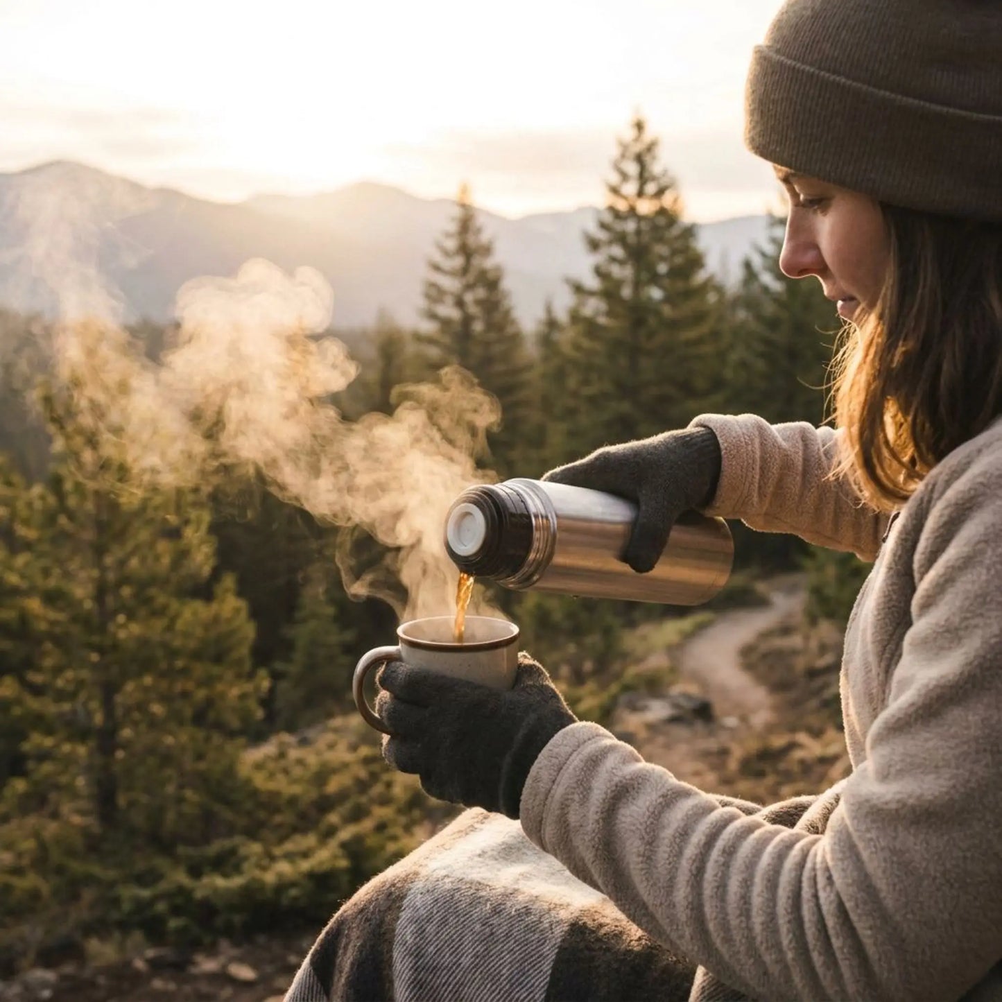 Hiker pouring coffee from a thermos into a mug with a scenic mountain background