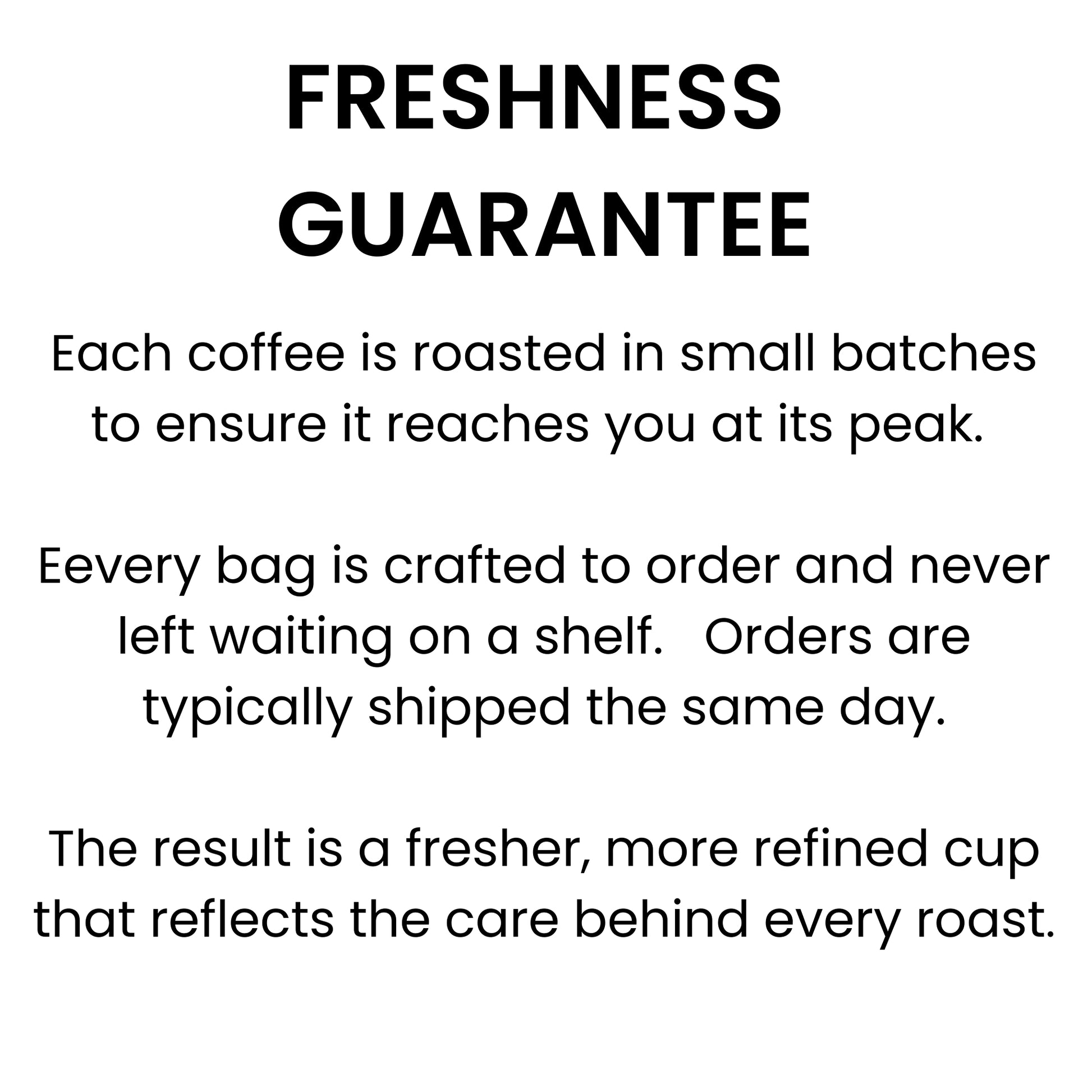 Text describing coffee freshness guarantee on a white background