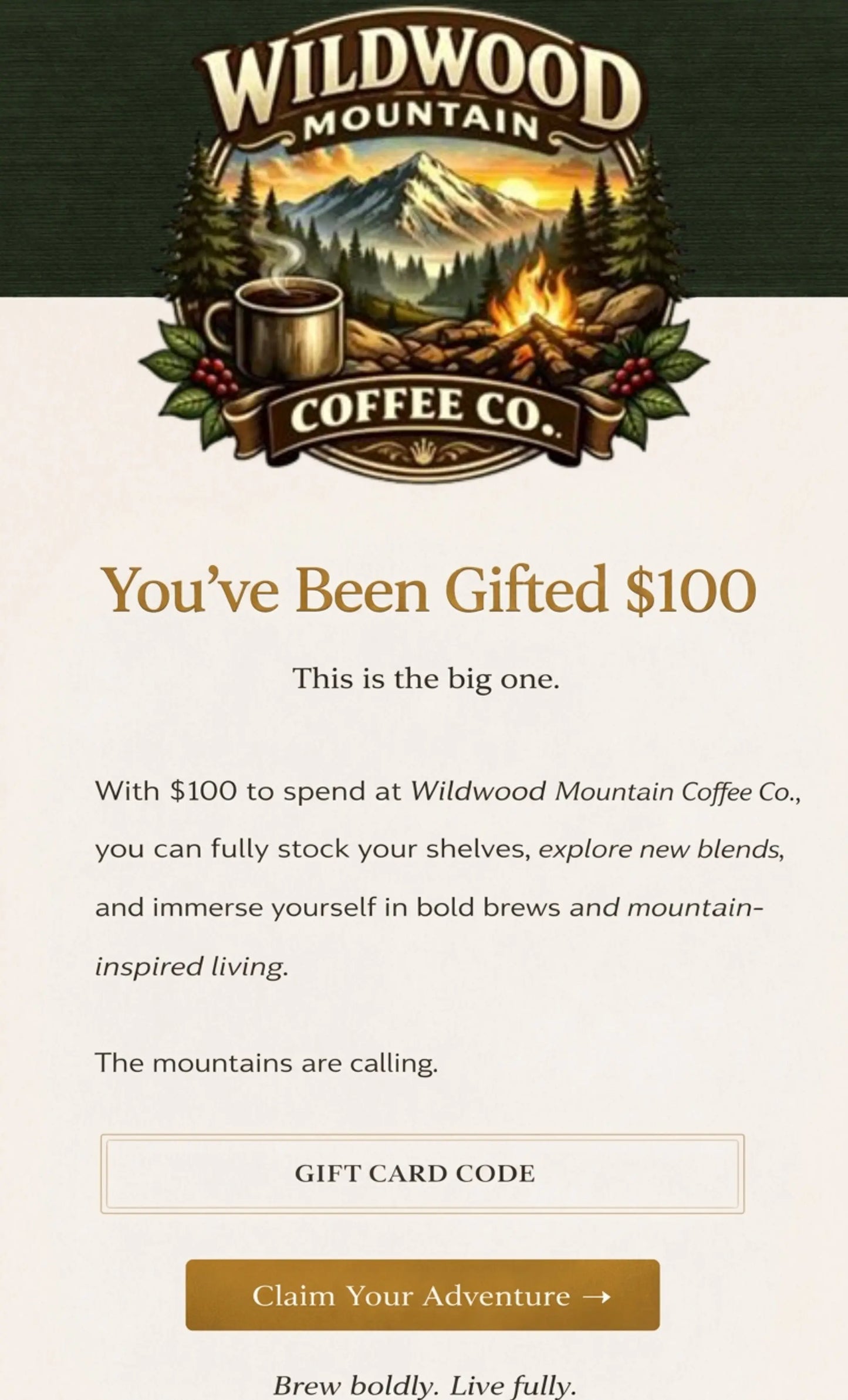 Wildwood Mountain Coffee Co Online Gift Card $100