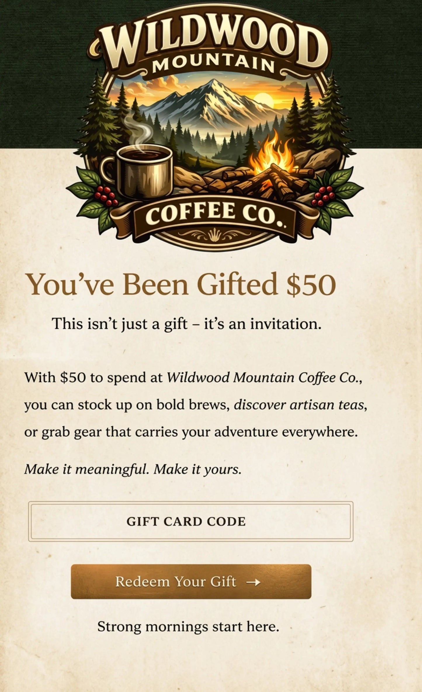 Wildwood Mountain Coffee Co Online Gift Card $50
