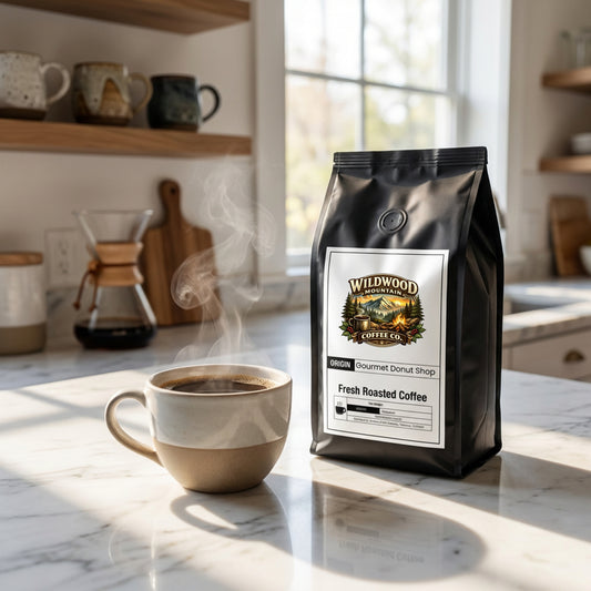 Bag of Wildwood Coffee Co. coffee on a marble countertop with a steaming cup of coffee.