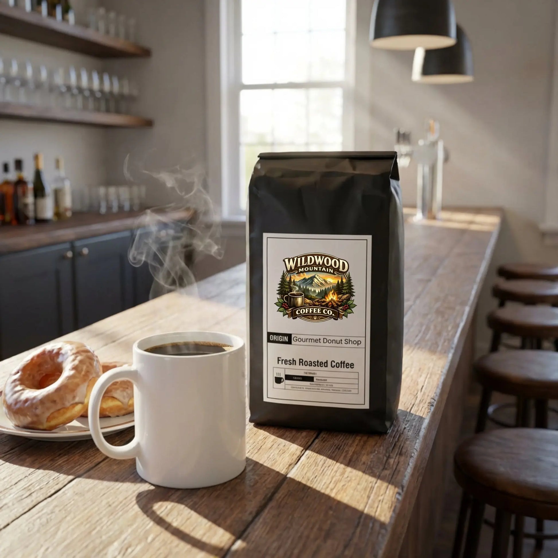 White mug with coffee and a bag of Wildwood Coffee Co. on a wooden counter with a donut.