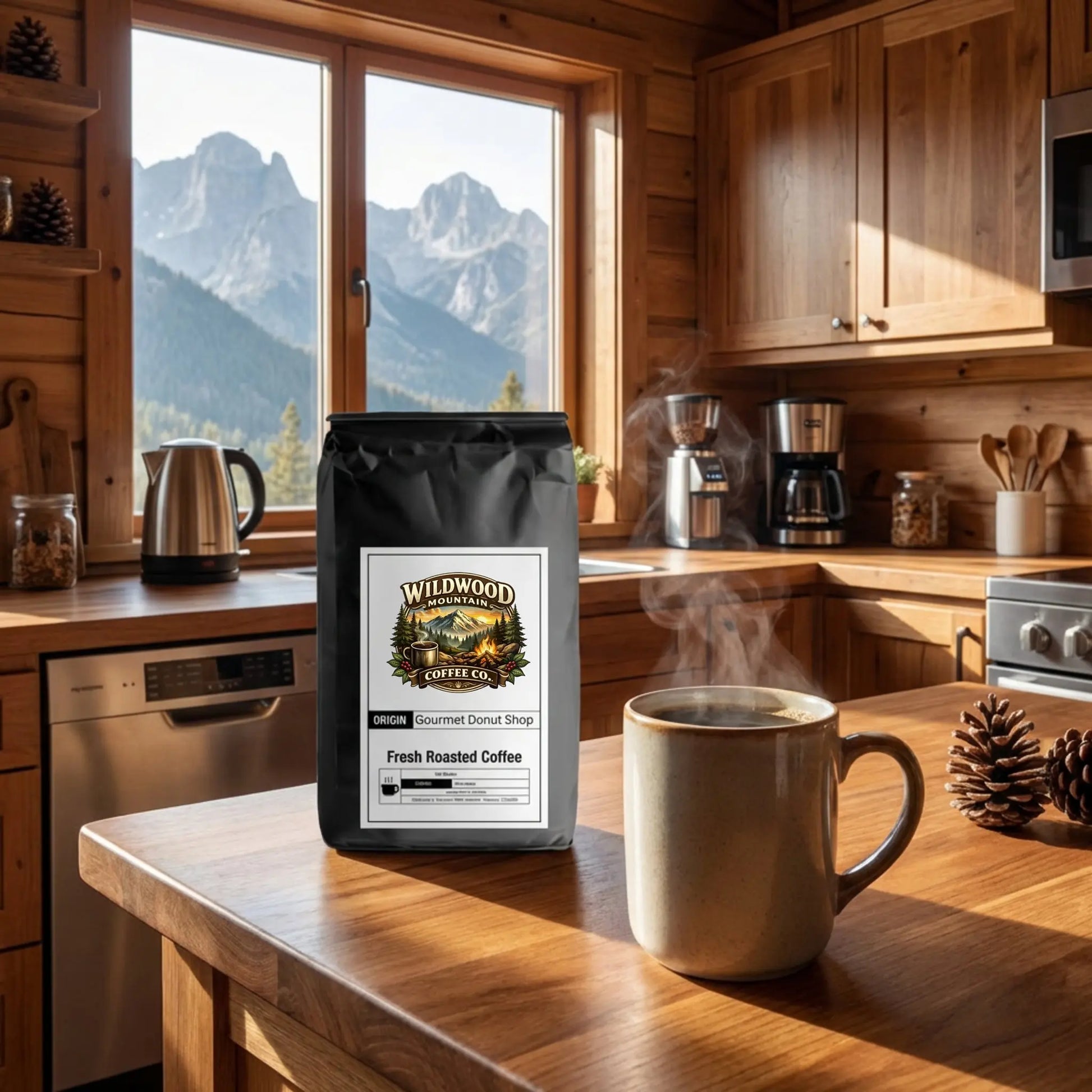 Woodland Coffee Company coffee bag with a steaming mug on a kitchen counter with mountain view