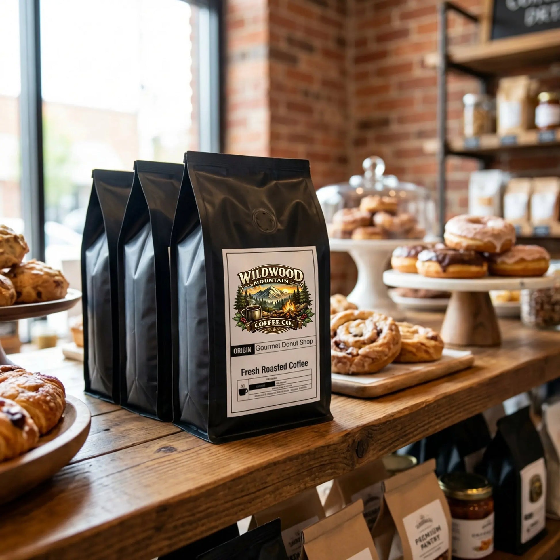 Three black coffee bags with a visible label on a wooden counter with pastries in the background.