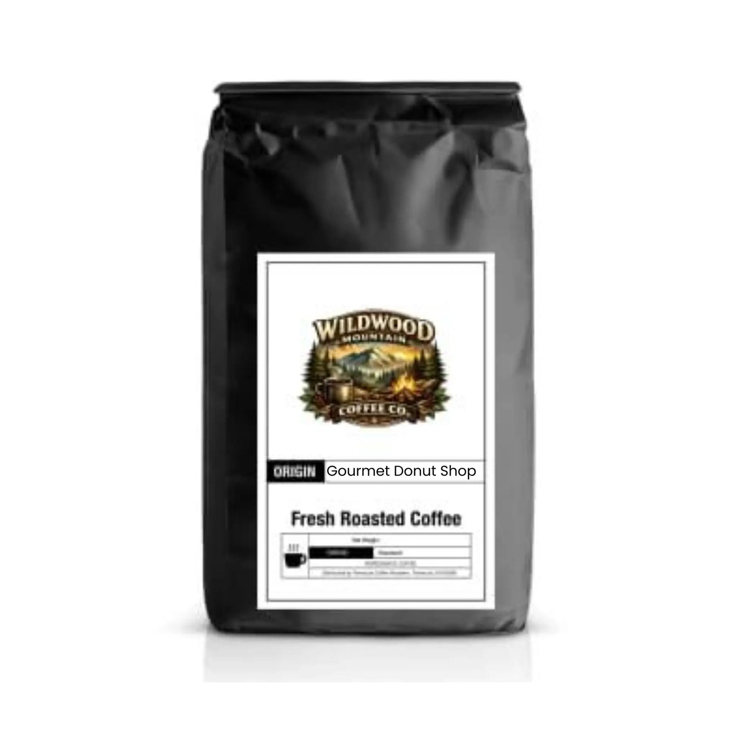 Black coffee bag with Wildwood Mountain Coffee Co. label on a white background