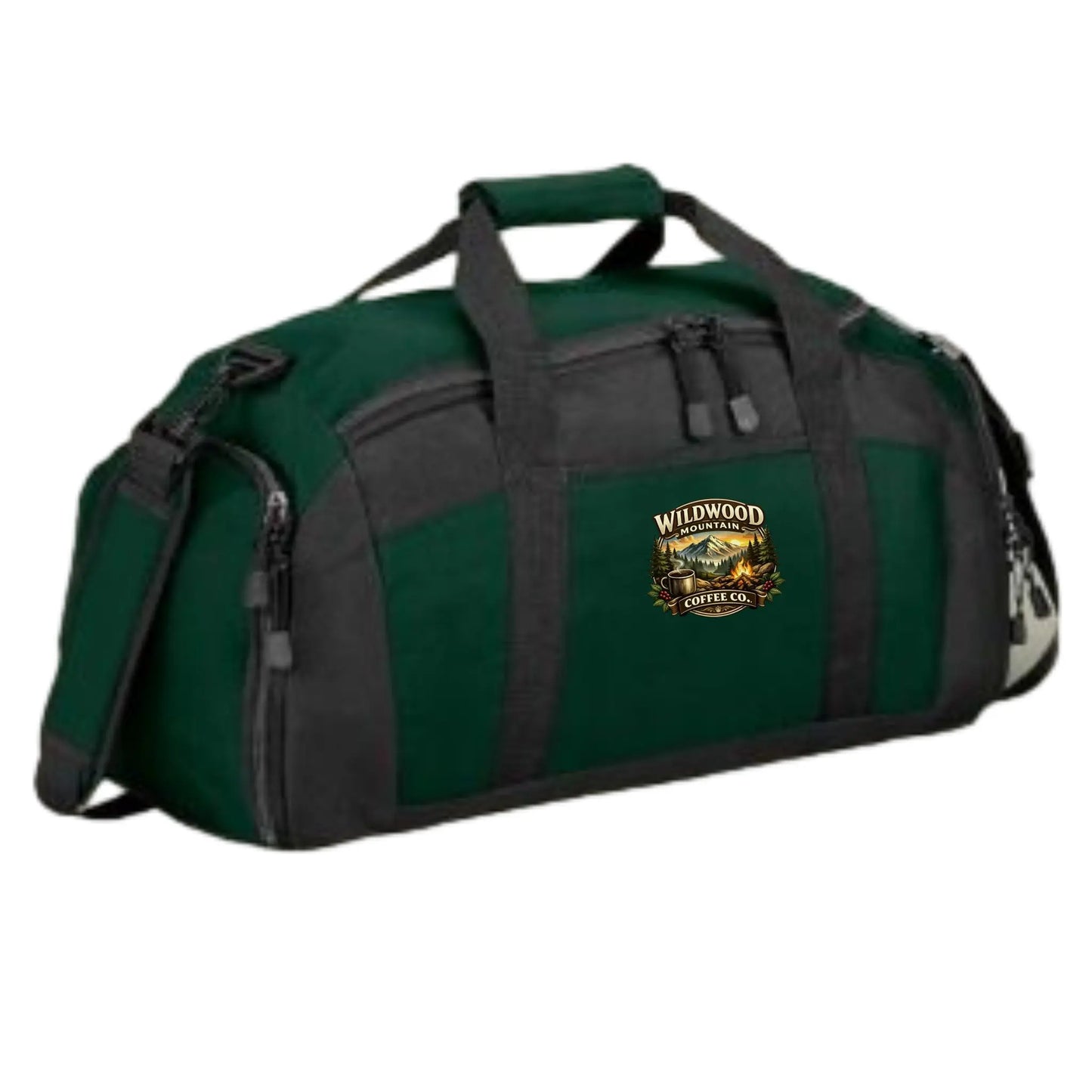 Green and black duffel bag with Wildwood Coffee Co. logo on a white background