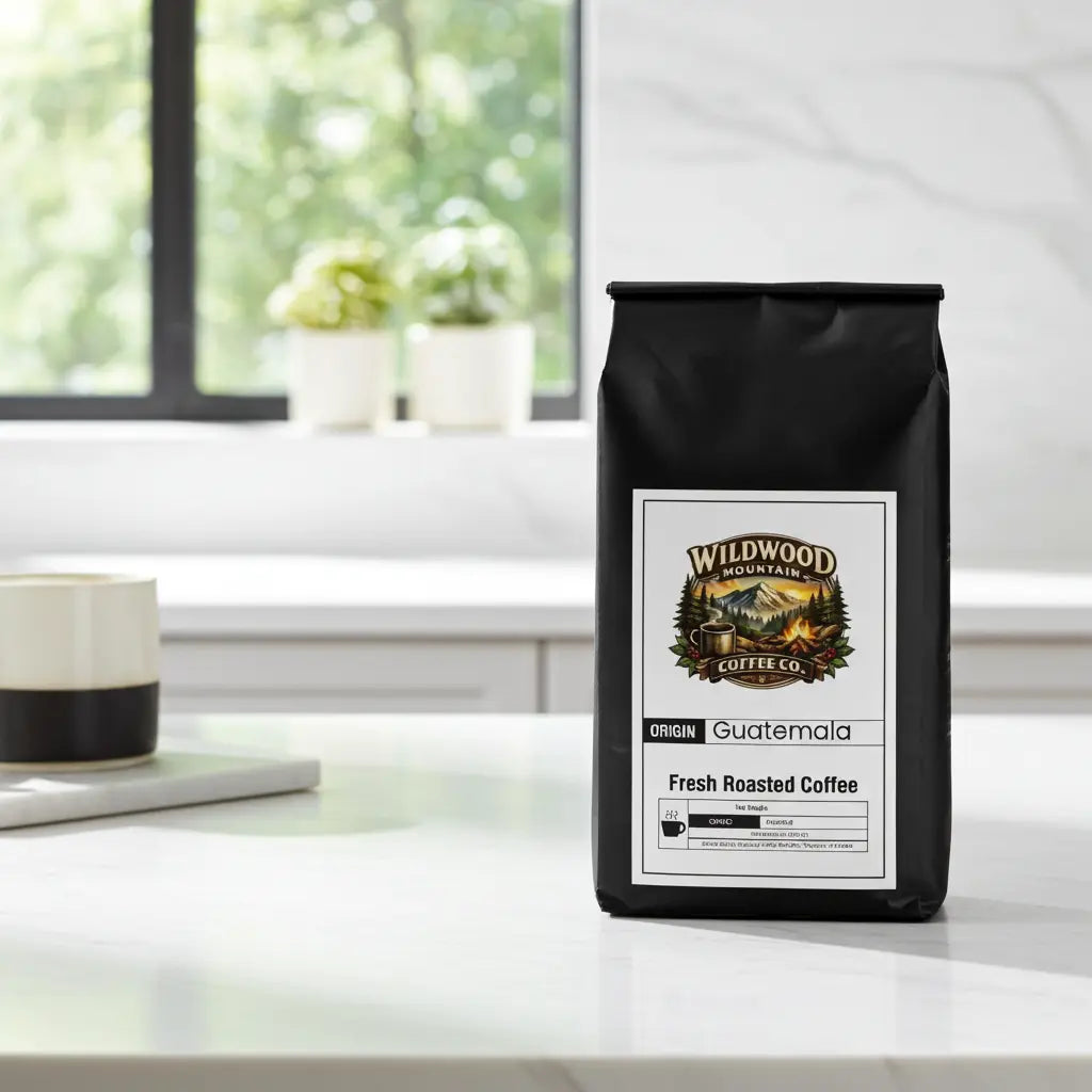 Coffee bag from Wildwood Mountain Coffee Co. on a kitchen counter with a blurred background