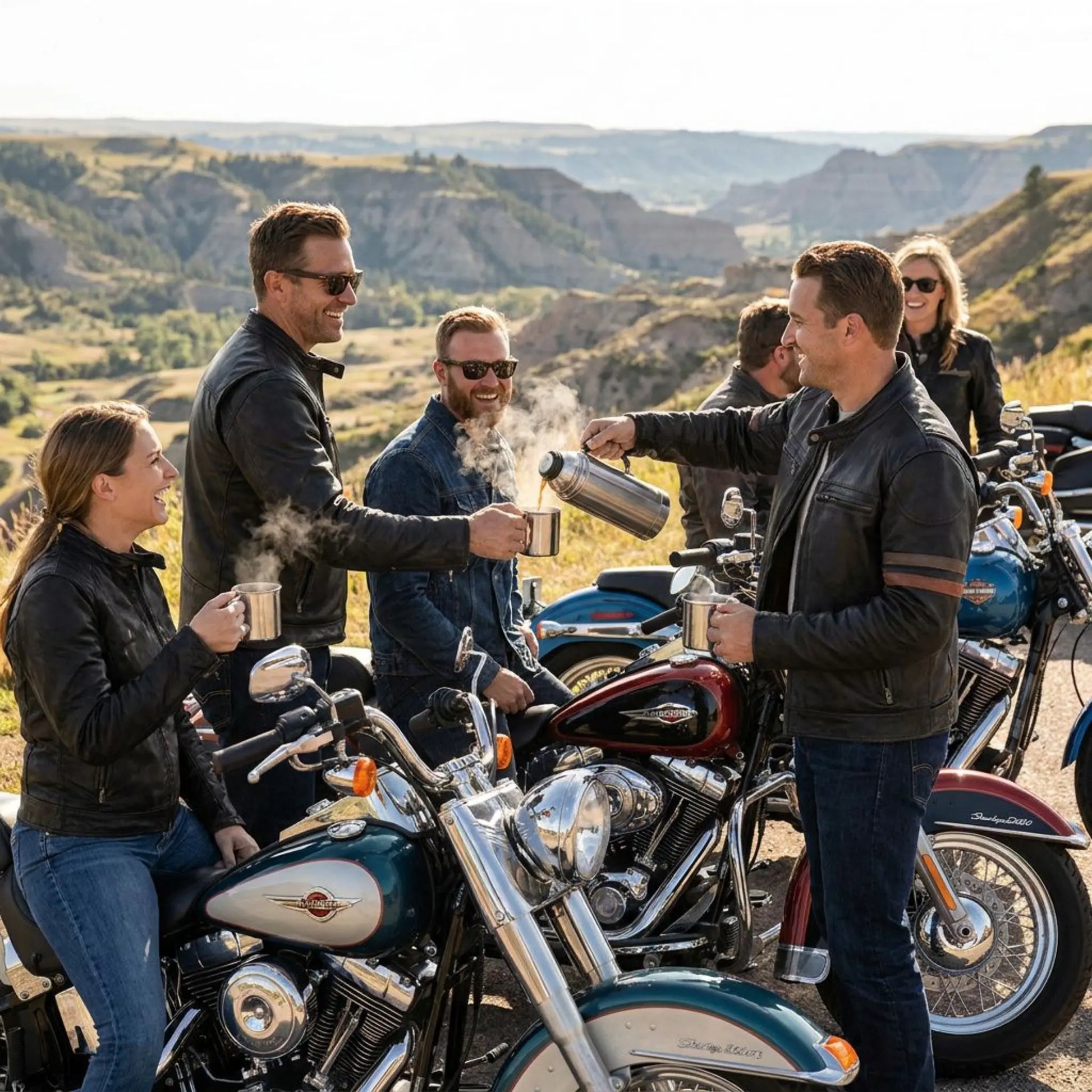 Group of people with motorcycles in a scenic outdoor setting