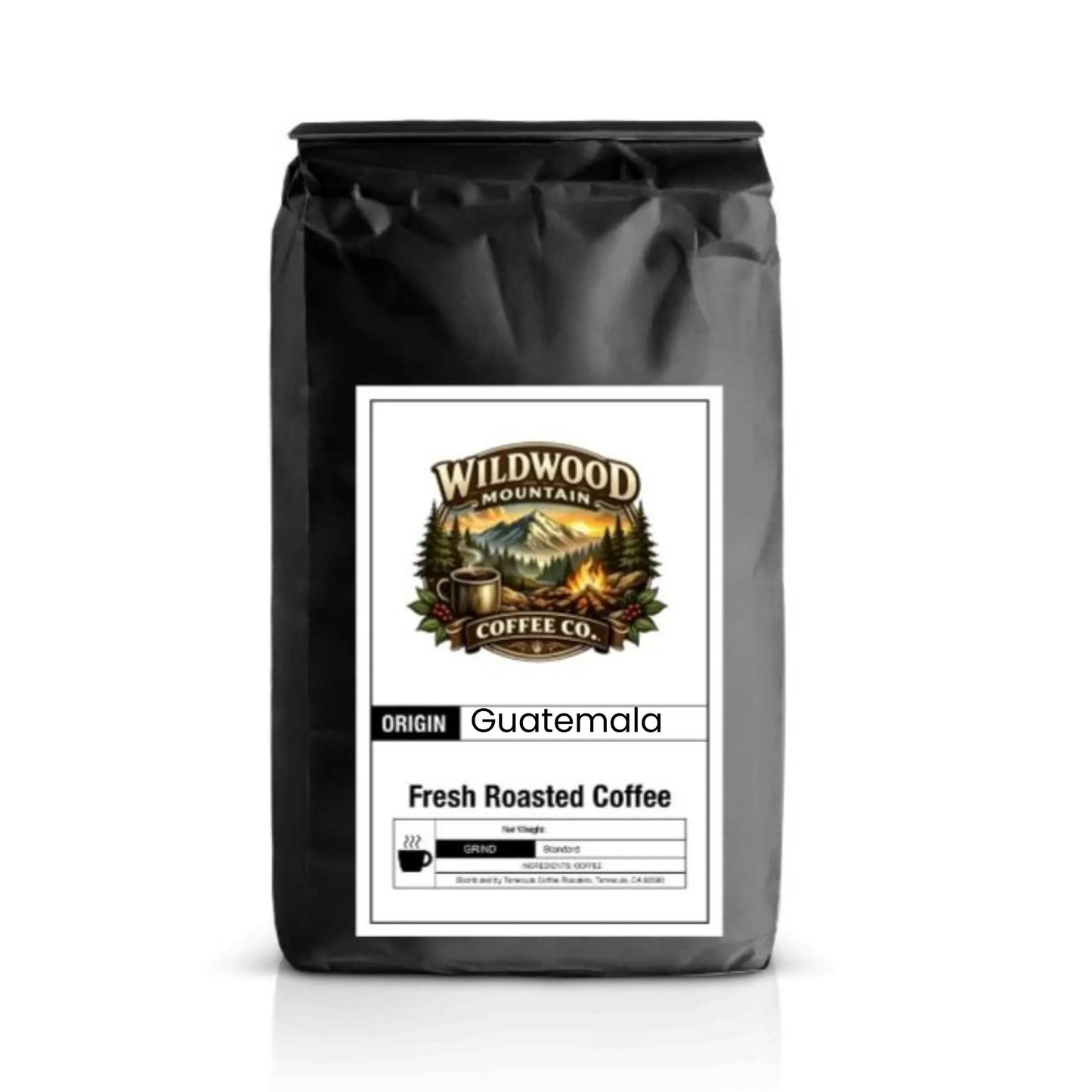 Black coffee bag with Wildwood Mountain Coffee Co. label on a white background