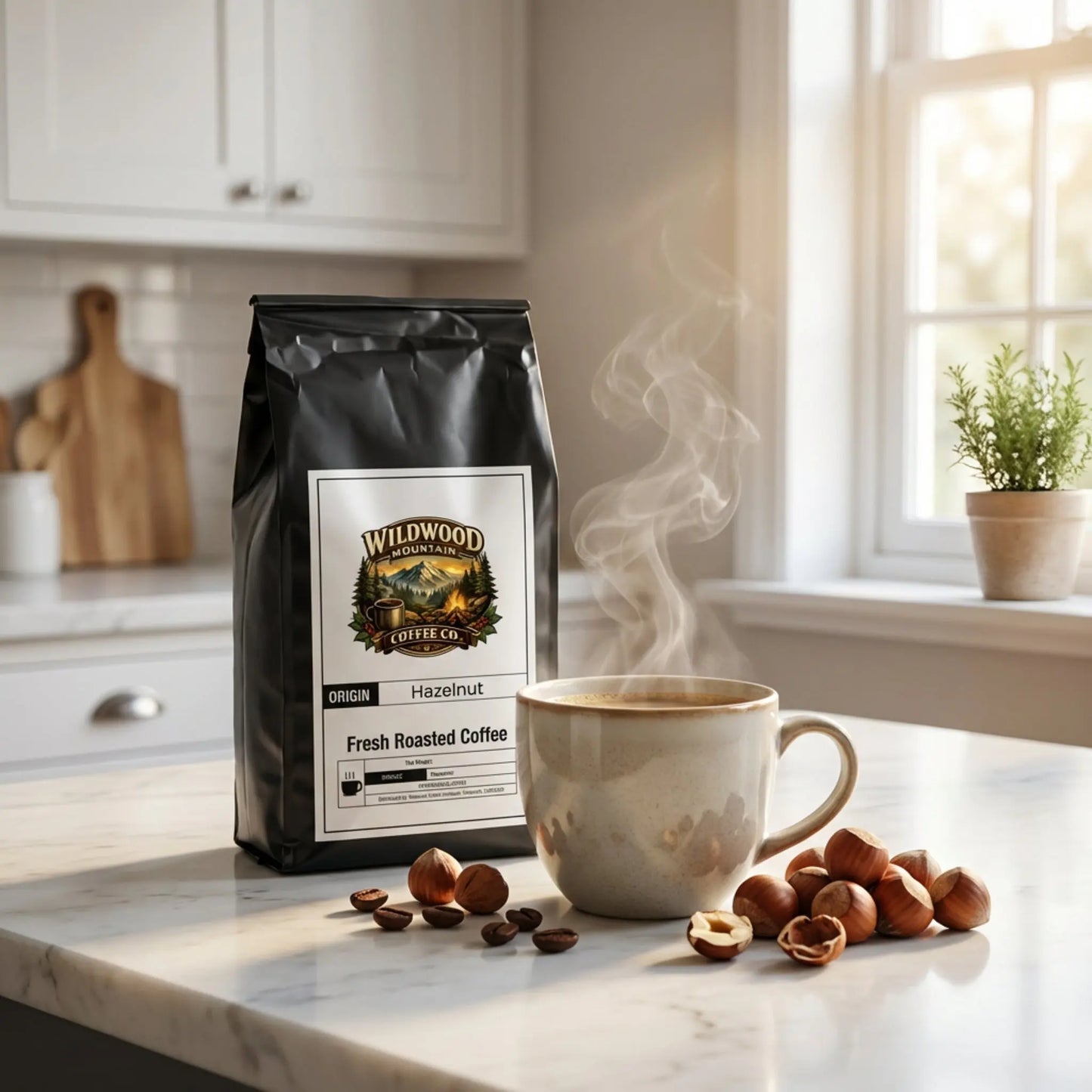 Bag of Wildwood Coffee Co. hazelnut coffee on a kitchen counter with a steaming mug and nuts.