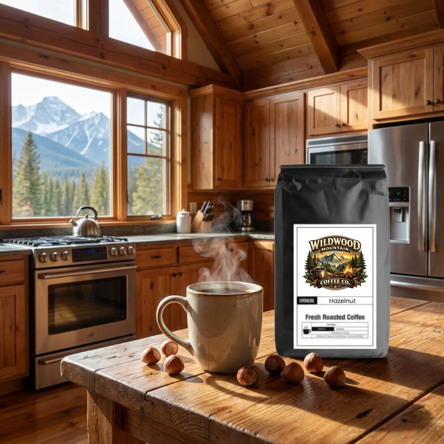 Wooden kitchen with coffee cup and Wildwood Mountain Coffee Co. bag