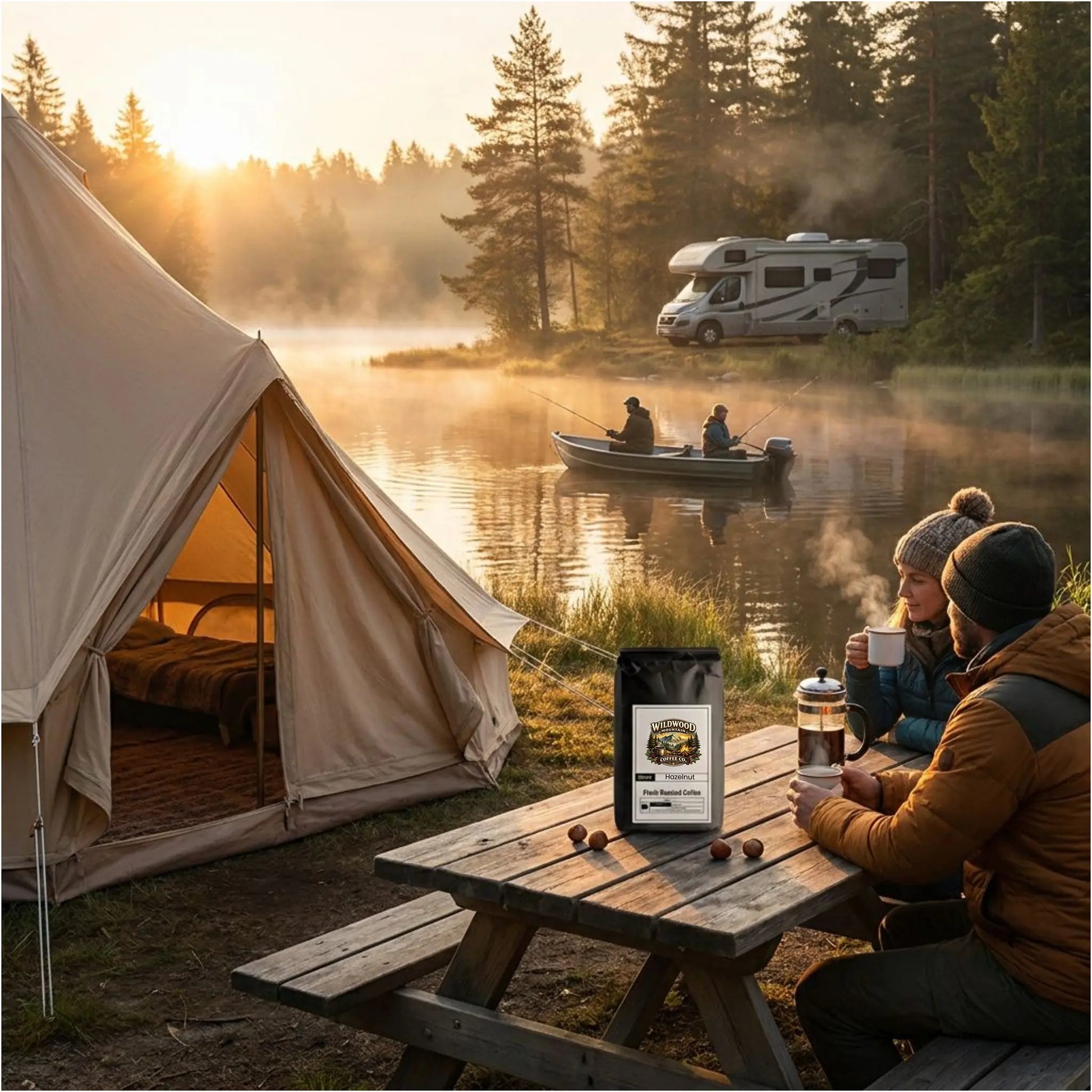 Two campers sitting at a picnic table by a lake drinking hot coffee with a tent and RV in the background.  Fishermen fishing on the lake.  