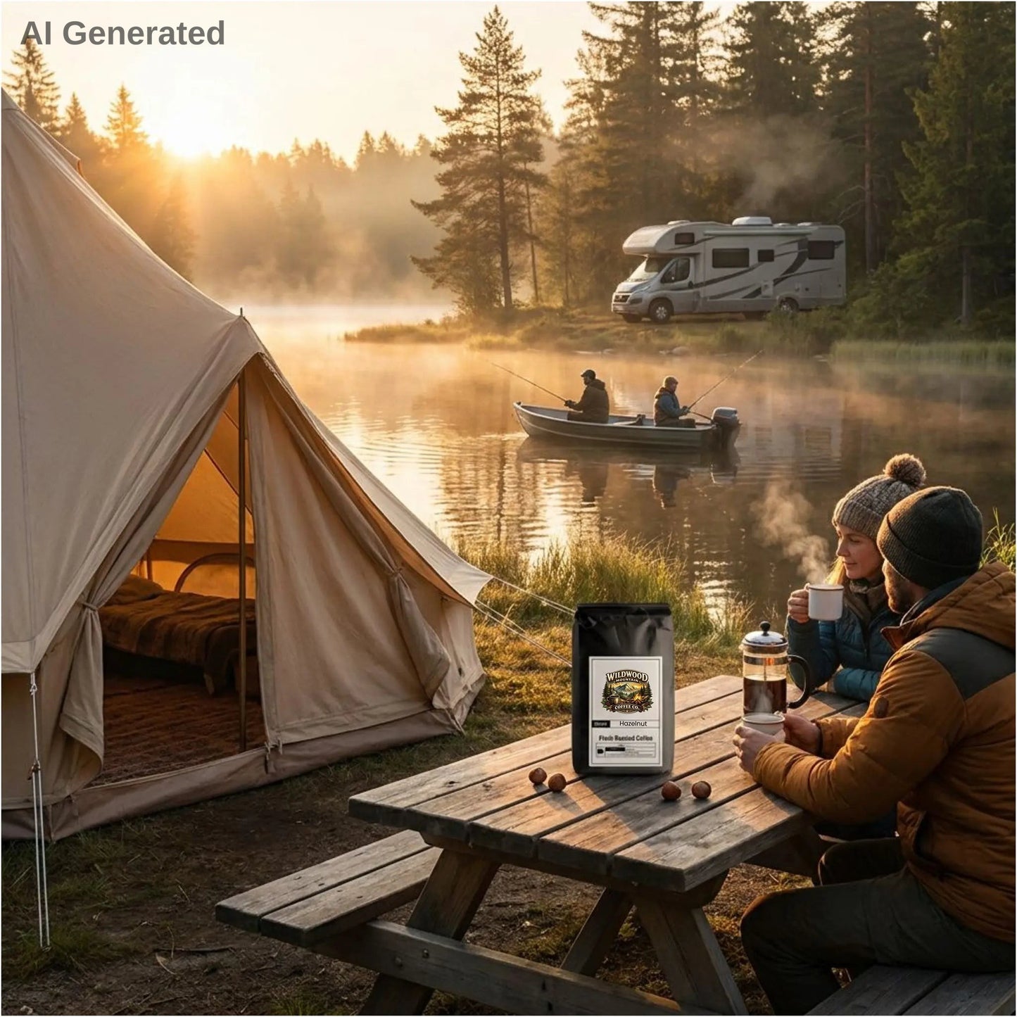 Two campers sitting at a picnic table by a lake drinking hot coffee with a tent and RV in the background.  Fishermen fishing on the lake.  