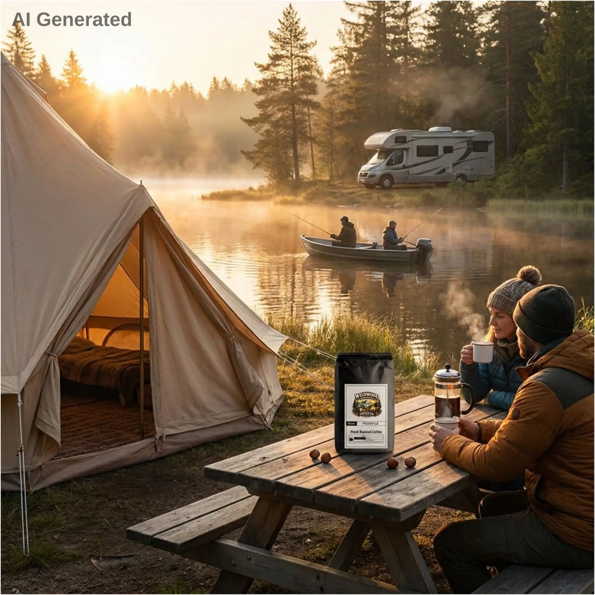 Two campers sitting at a picnic table by a lake drinking hot coffee with a tent and RV in the background.  Fishermen fishing on the lake.  