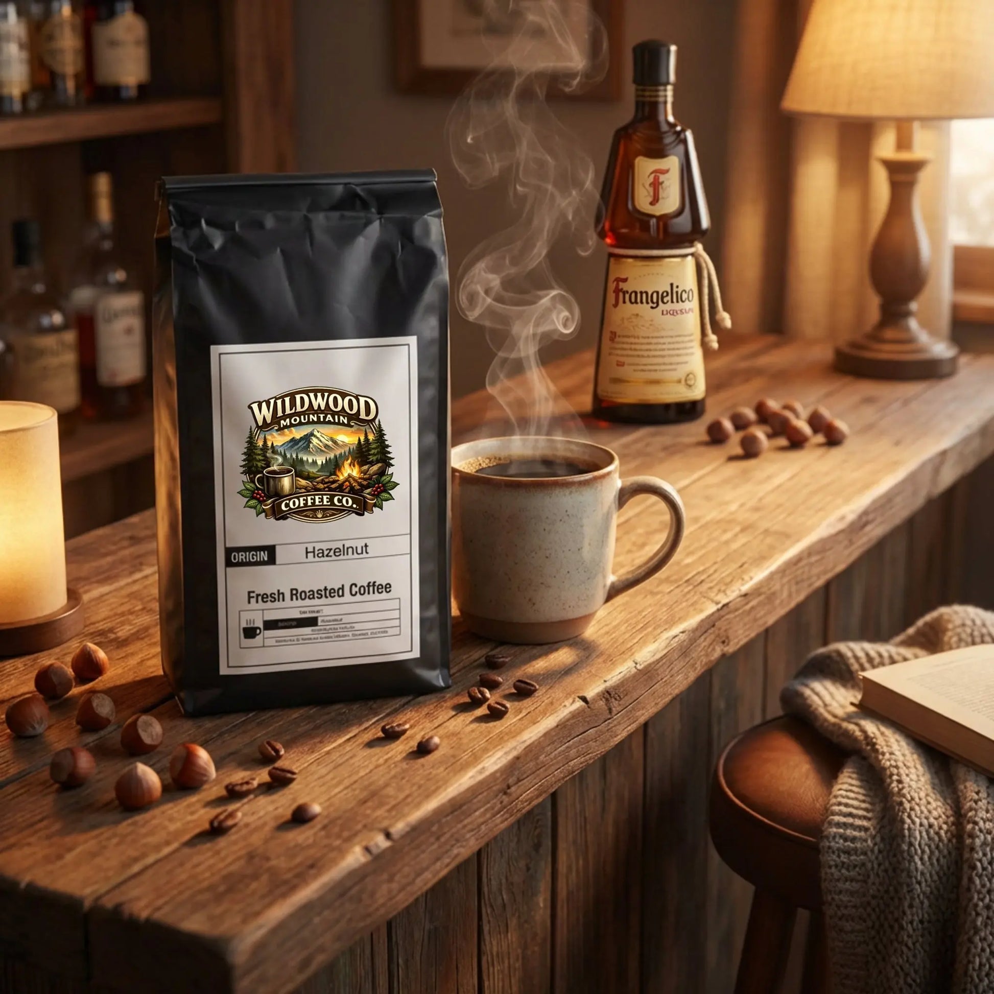 Coffee bag, mug with steaming coffee, and bottle on a wooden surface with warm lighting.