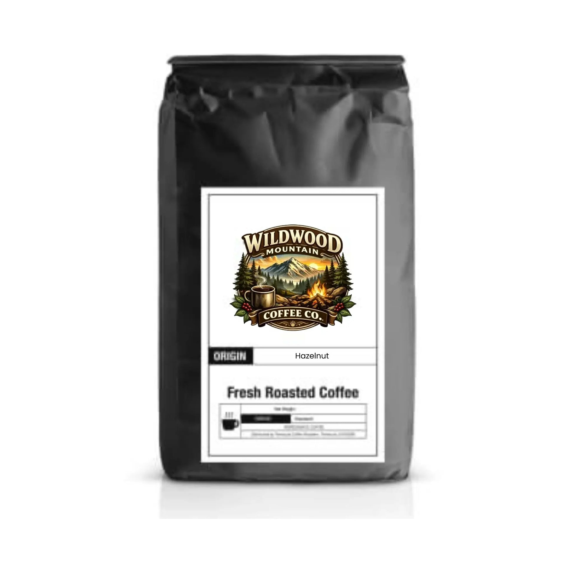 Coffee bag with Wildwood Mountain Coffee Co. label on a white background