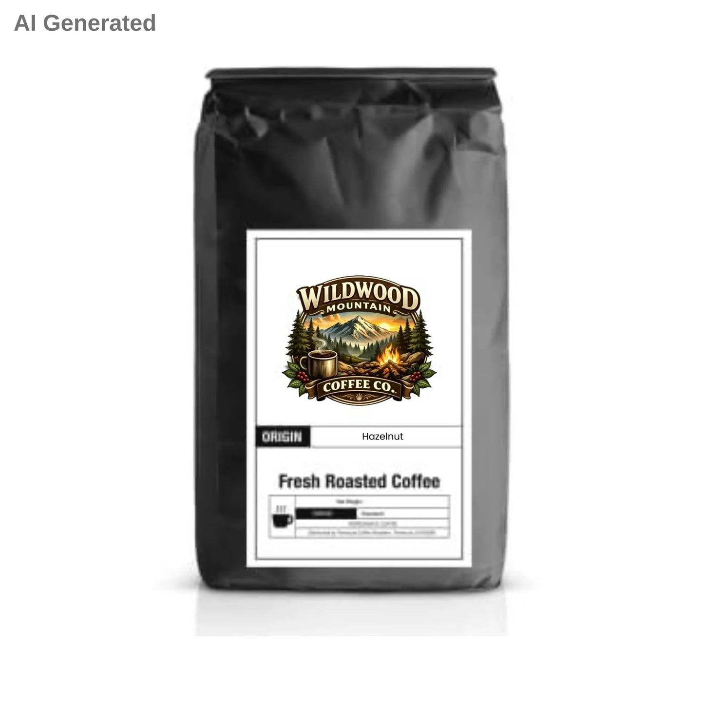 Coffee bag with Wildwood Mountain Coffee Co. label on a white background