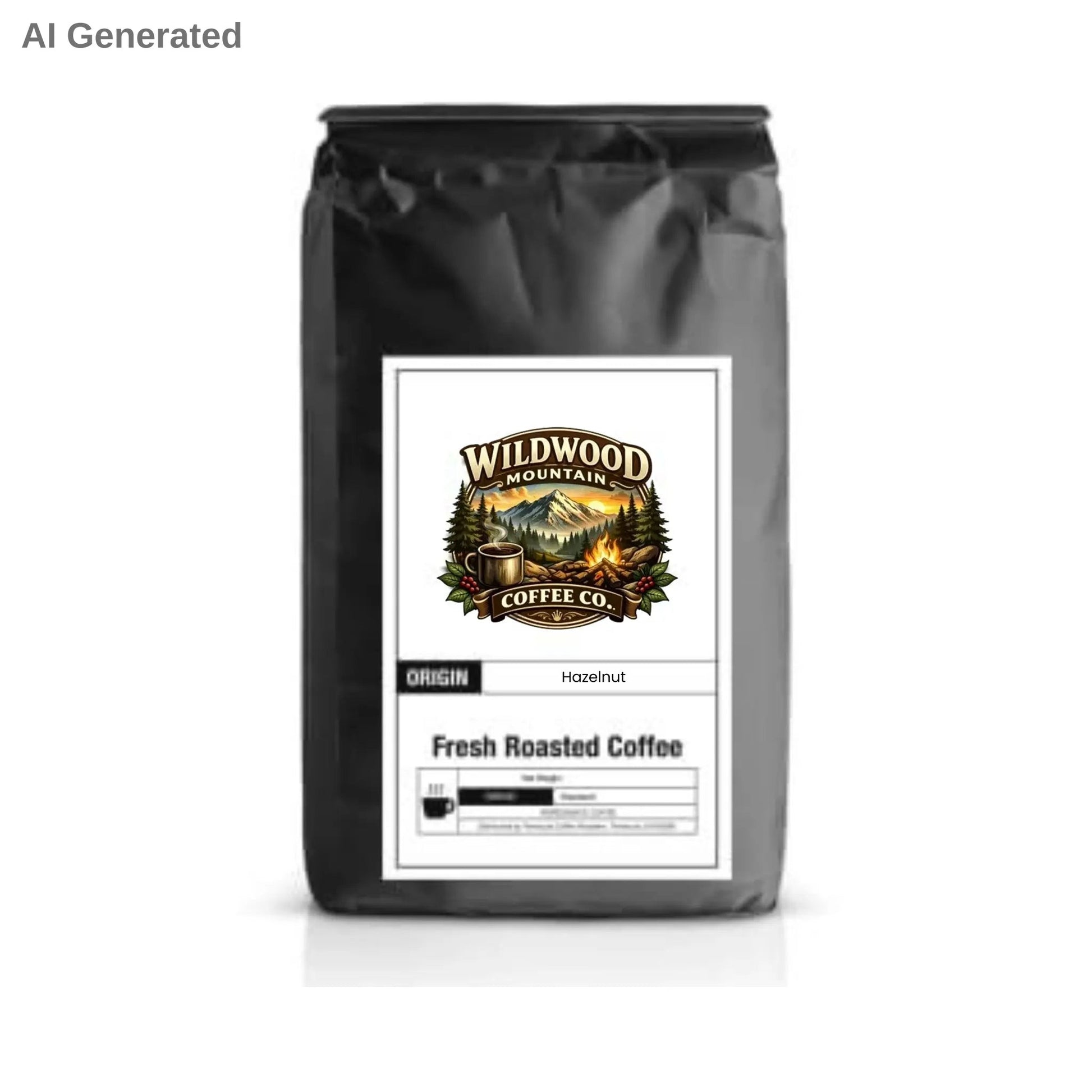 Coffee bag with Wildwood Mountain Coffee Co. label on a white background