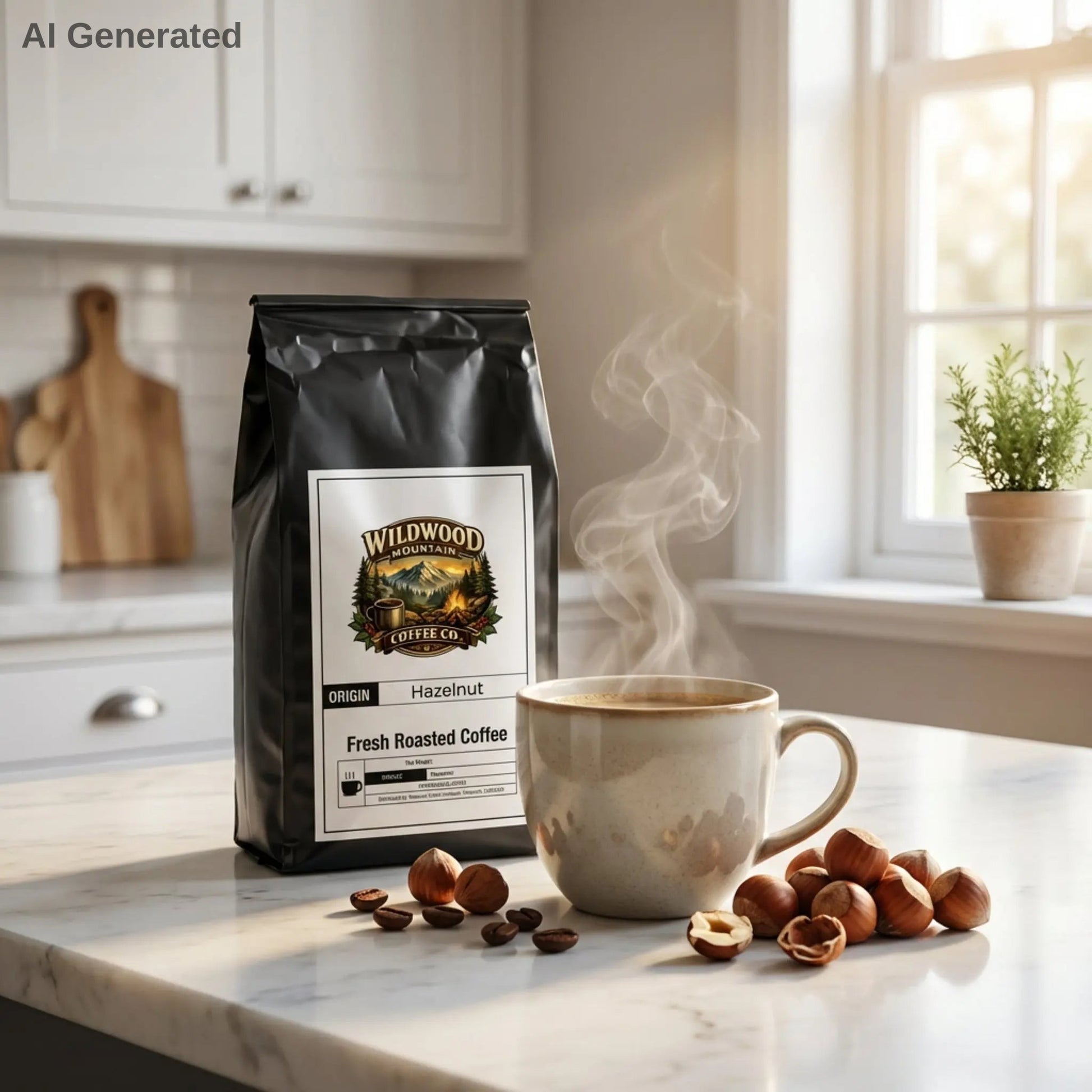 Bag of Wildwood Coffee Co. hazelnut coffee on a kitchen counter with a steaming mug and nuts.
