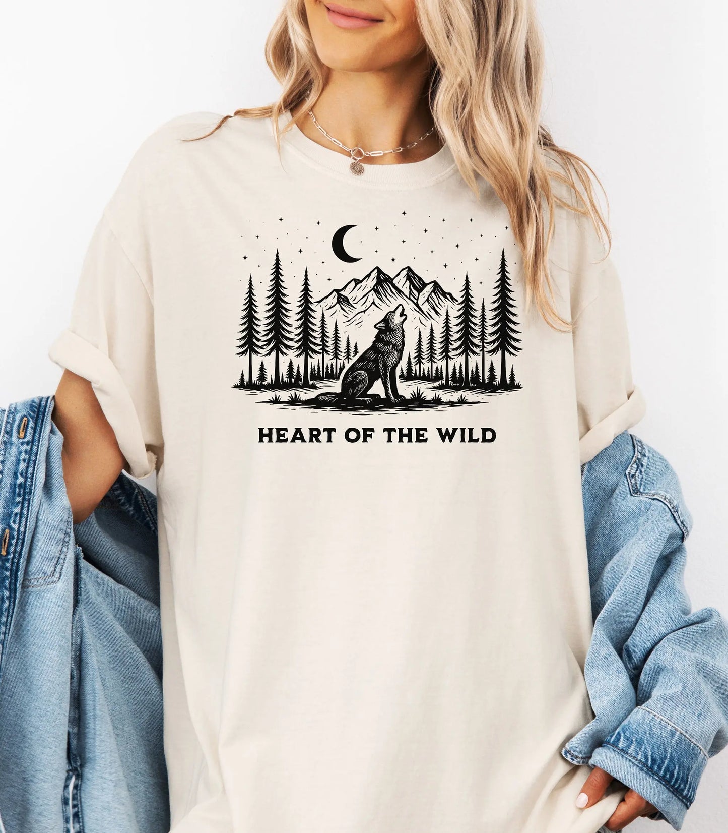 Heart of the Wild Wilderness Wolf T-Shirt, Night Forest Graphic Tee Wildwood Mountain Coffee Co