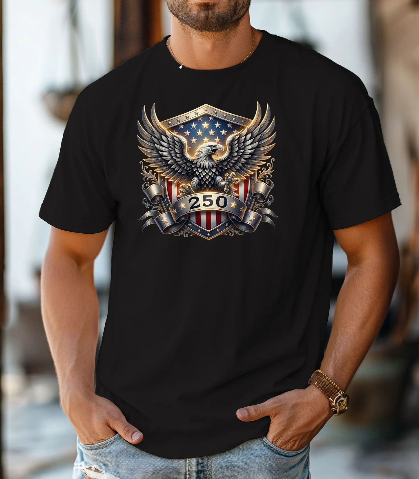 American Eagle Shield 250th T-Shirt, Patriotic Bald Eagle USA 250th Anniversary Shirt Wildwood Mountain Coffee Co
