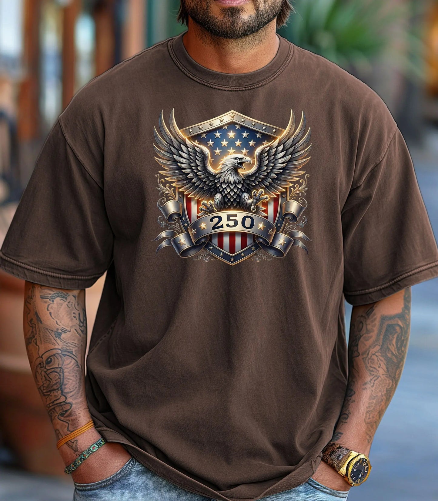 American Eagle Shield 250th T-Shirt, Patriotic Bald Eagle USA 250th Anniversary Shirt Wildwood Mountain Coffee Co