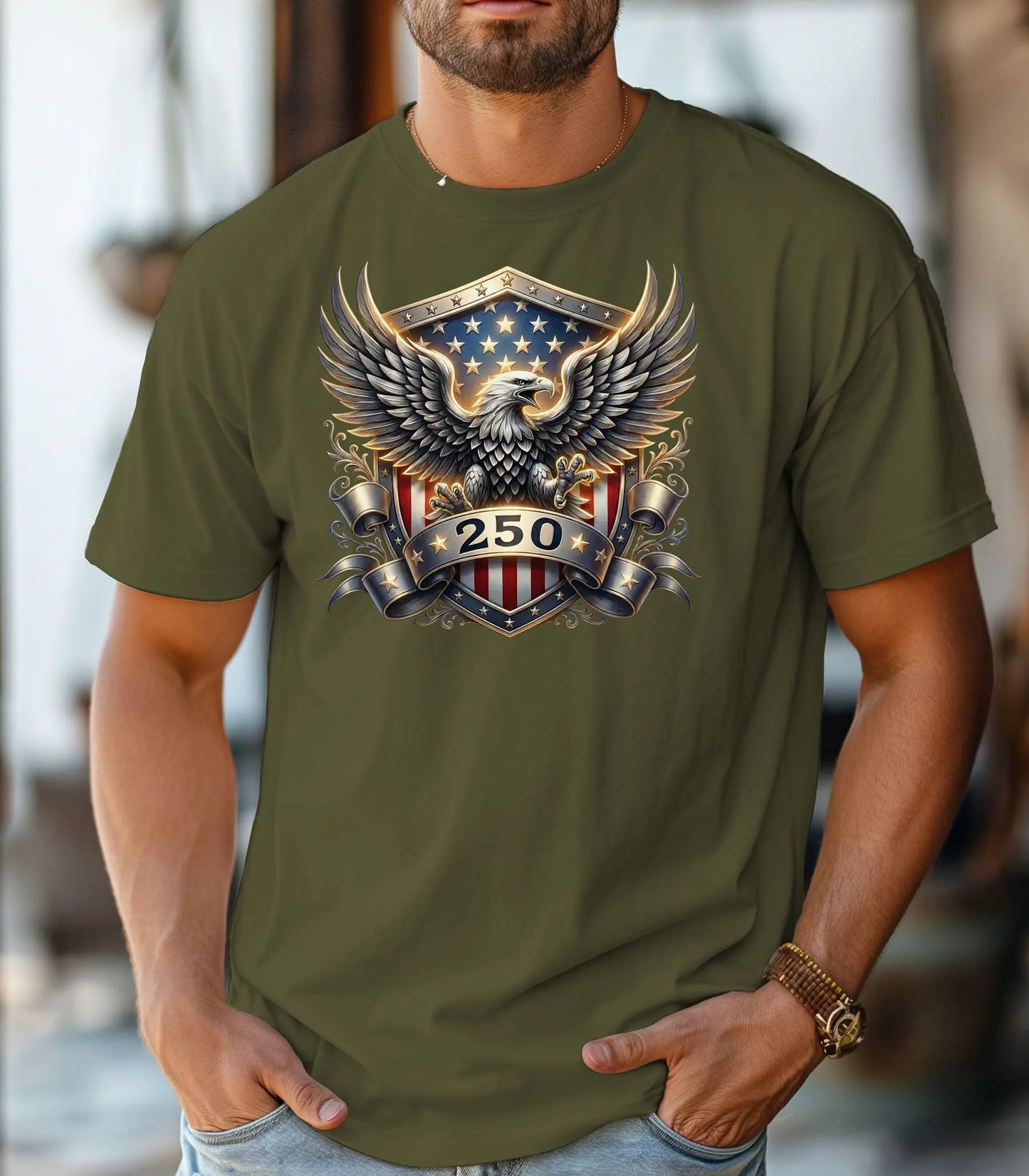 American Eagle Shield 250th T-Shirt, Patriotic Bald Eagle USA 250th Anniversary Shirt Wildwood Mountain Coffee Co