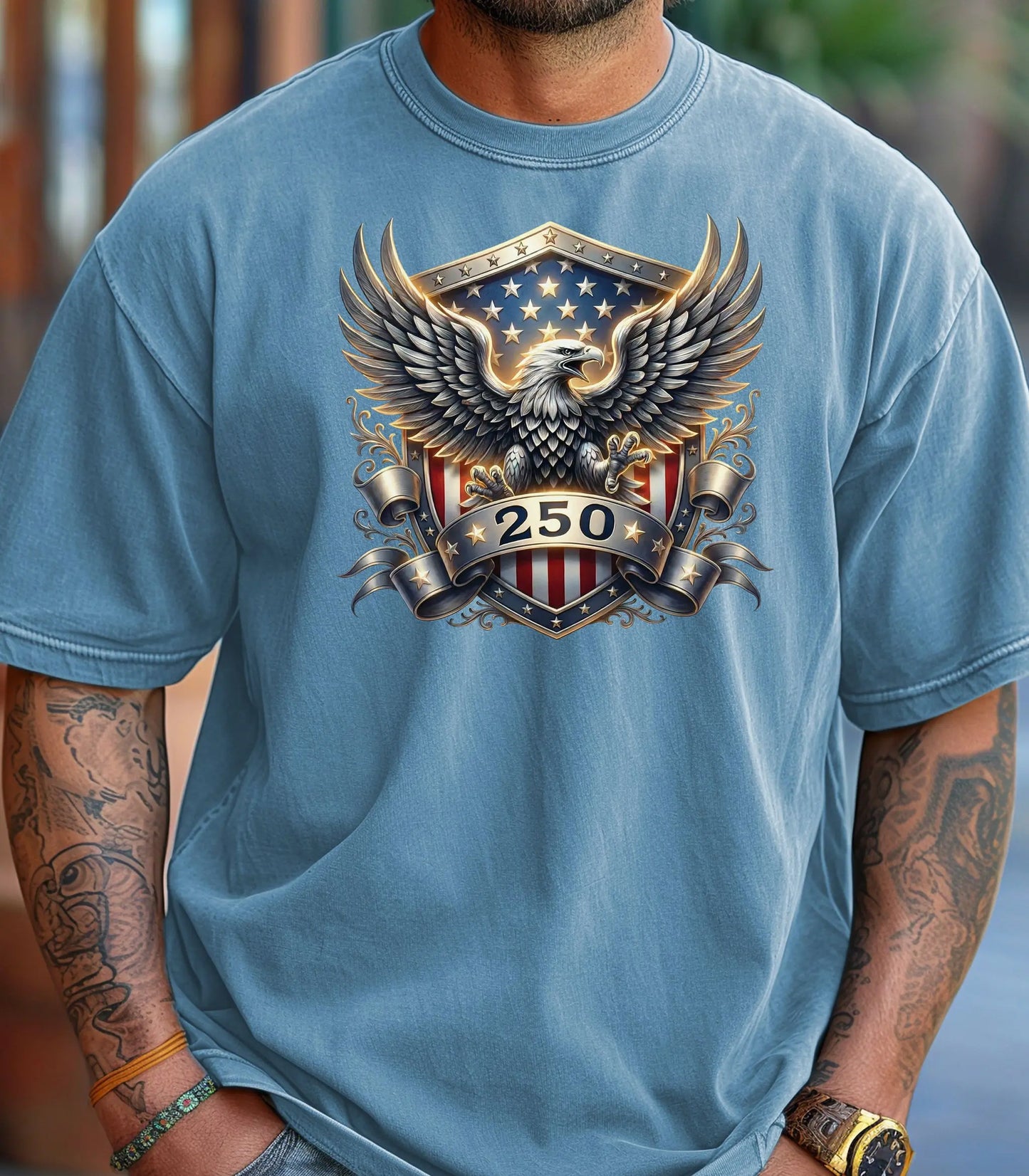 American Eagle Shield 250th T-Shirt, Patriotic Bald Eagle USA 250th Anniversary Shirt Wildwood Mountain Coffee Co