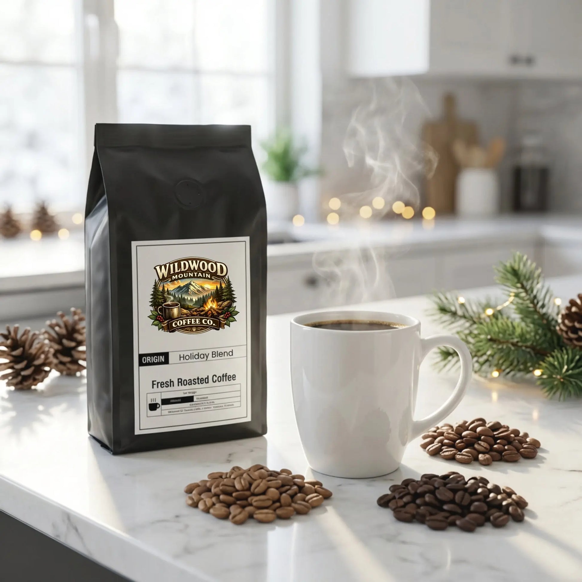 Wildwood Coffee Co. Holiday Blend coffee package with a cup of coffee and scattered beans on a kitchen counter.