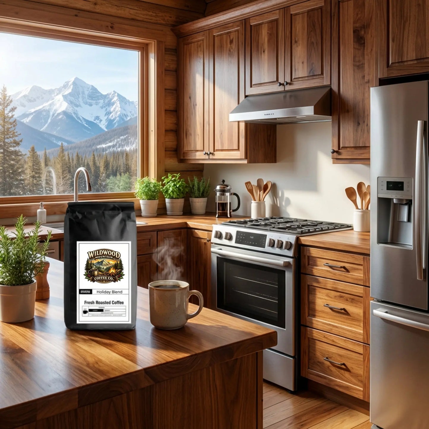 Wildwood Mountain Coffee Co bag sitting on a wood counter in a cabin kitchen with a mountain scene out the window.