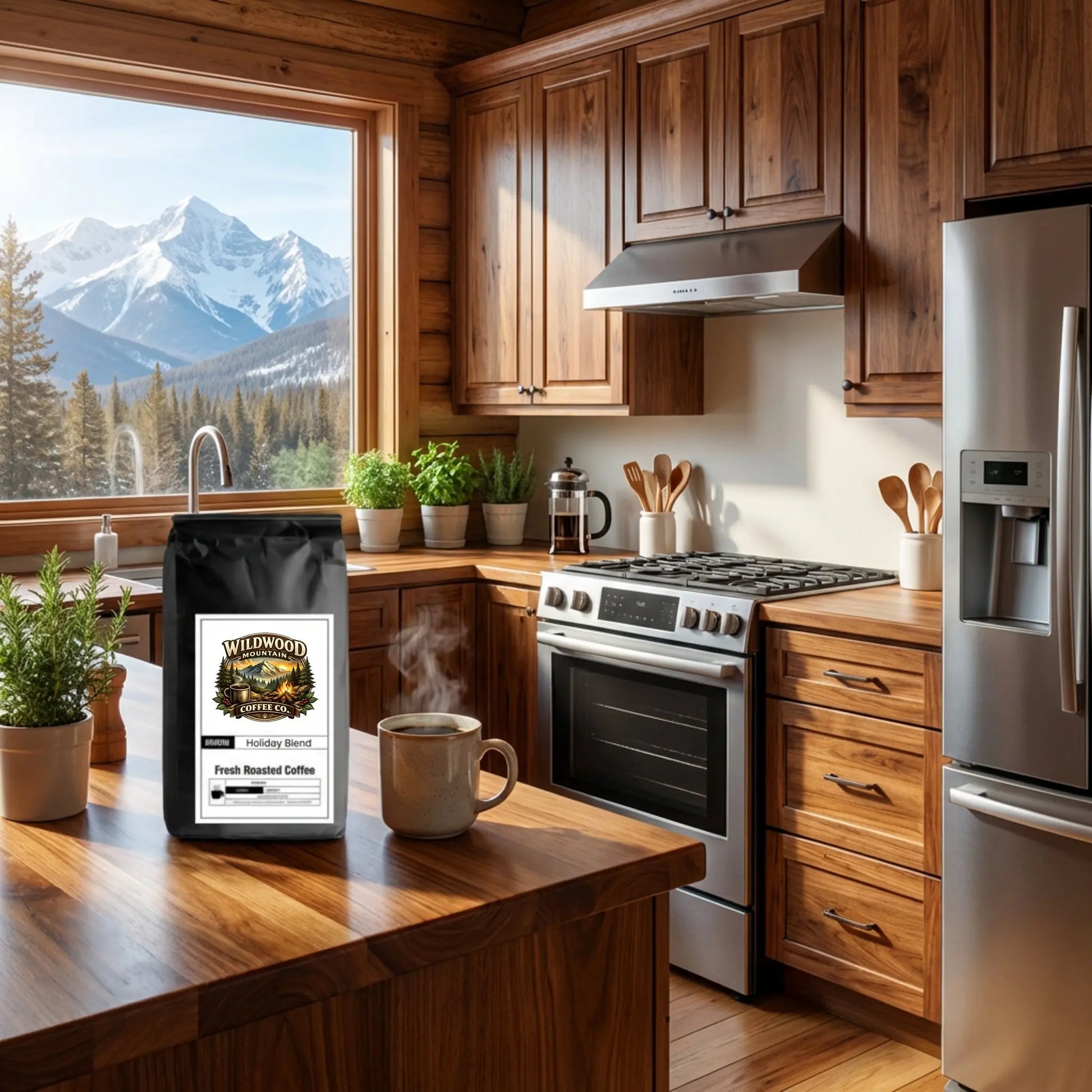 Wildwood Mountain Coffee Co bag sitting on a wood counter in a cabin kitchen with a mountain scene out the window.