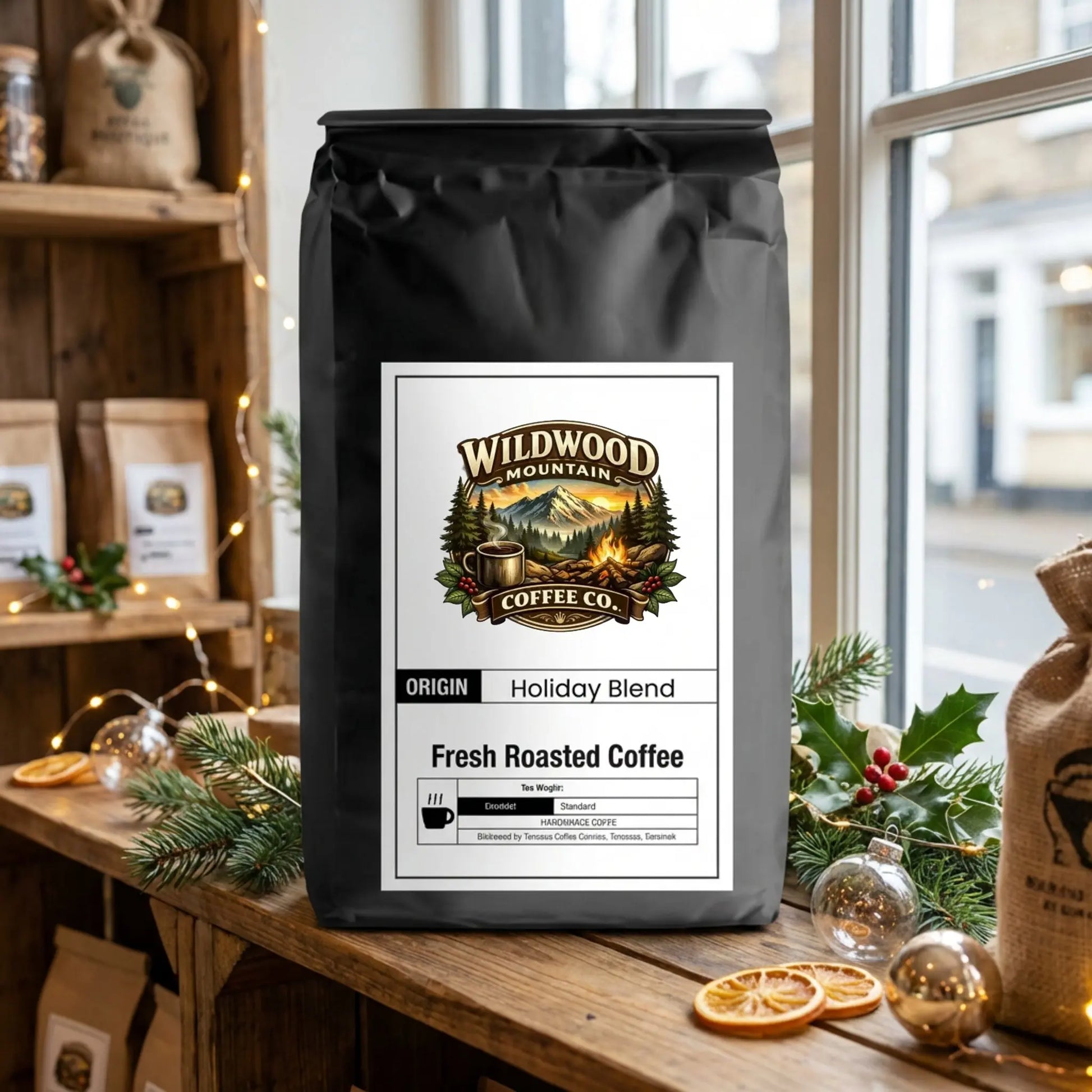 Bag of Wildwood Mountain Coffee Co. Holiday Blend coffee on a wooden table with festive decorations.