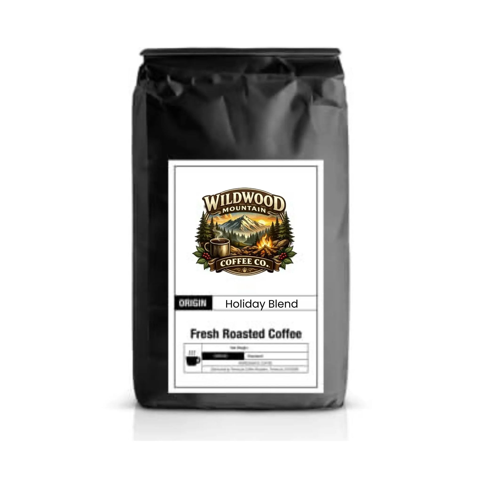 Black coffee bag with Wildwood Mountain Coffee Co. label on a white background