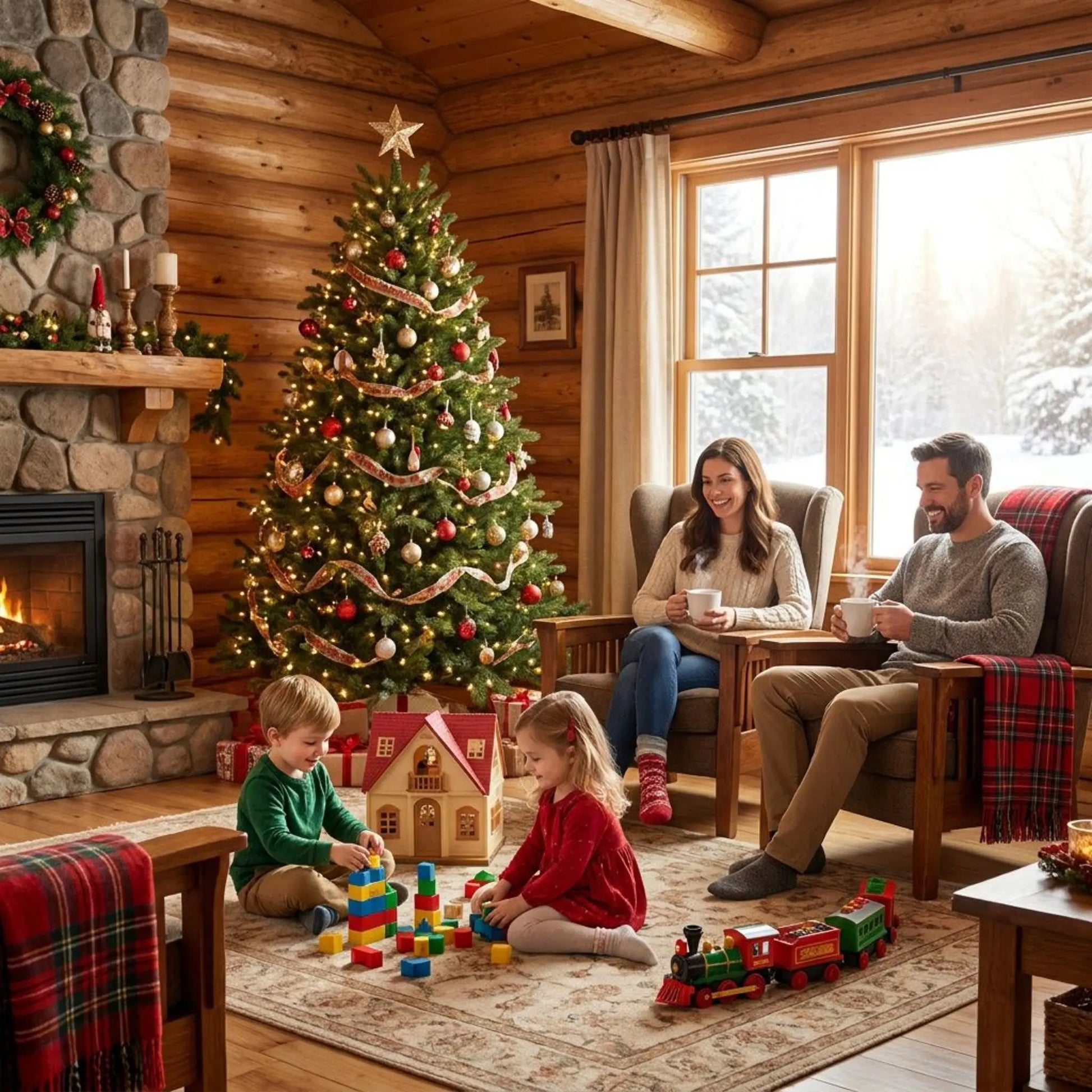 Family in a cozy living room with a Christmas tree, fireplace, and children playing with toys.  The parents are drinking coffee.