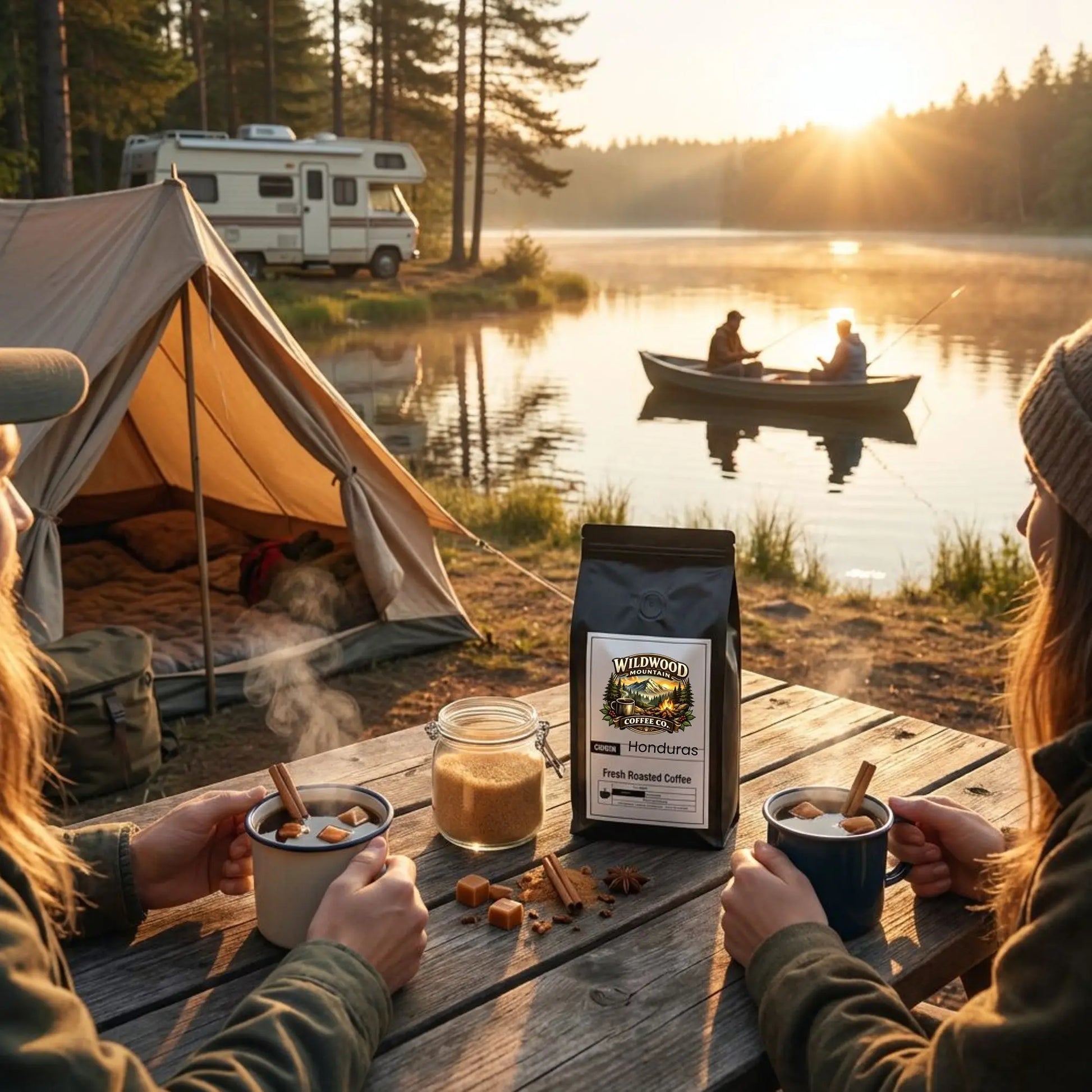 Campers enjoying coffee by a lake with a tent and RV in the background.
