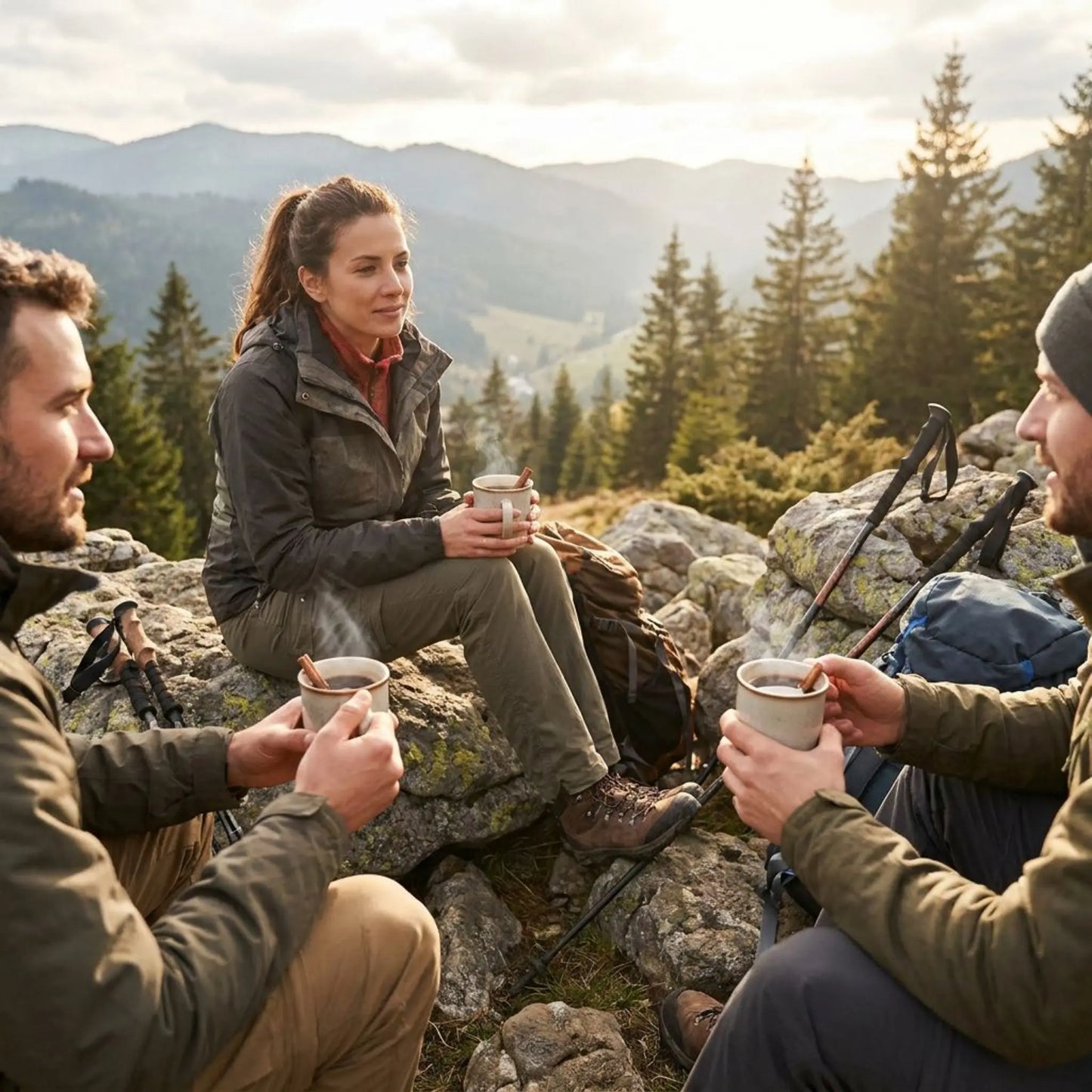 Hikers sitting on a rocky outcrop with mountains and trees in the background, enjoying hot coffee.