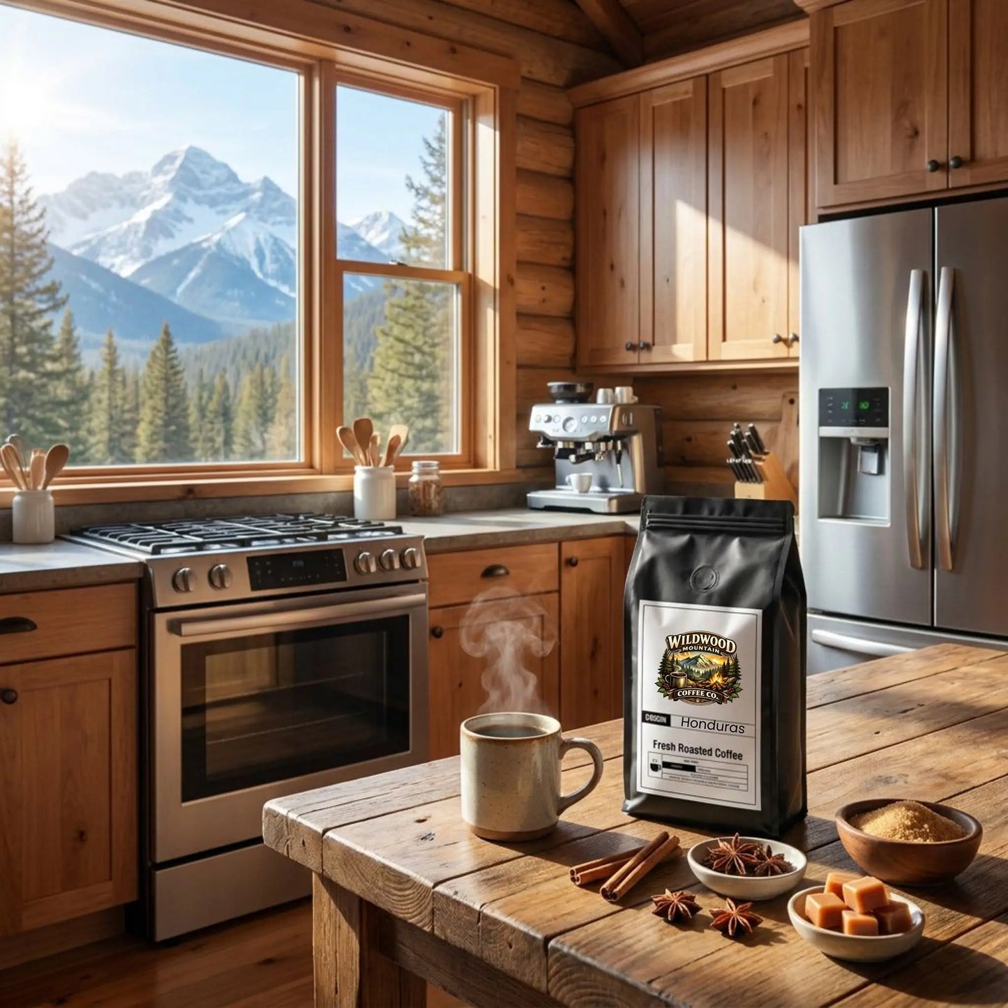Mountain Cabin Kitchen with wooden cabinets, stainless steel appliances, and a coffee bag and hot steaming cup of coffee on a table.