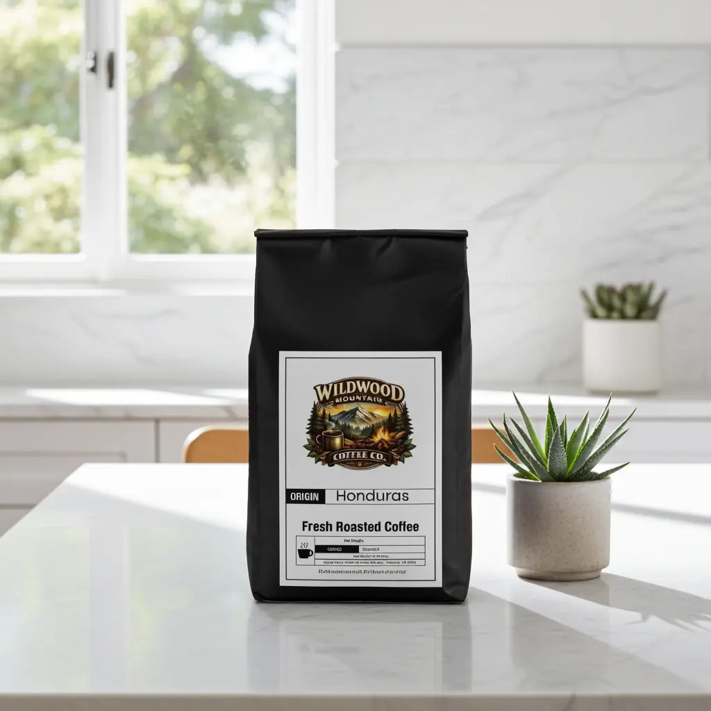Black coffee bag with Wildwood Mountain Coffee Co. branding on a white surface.
