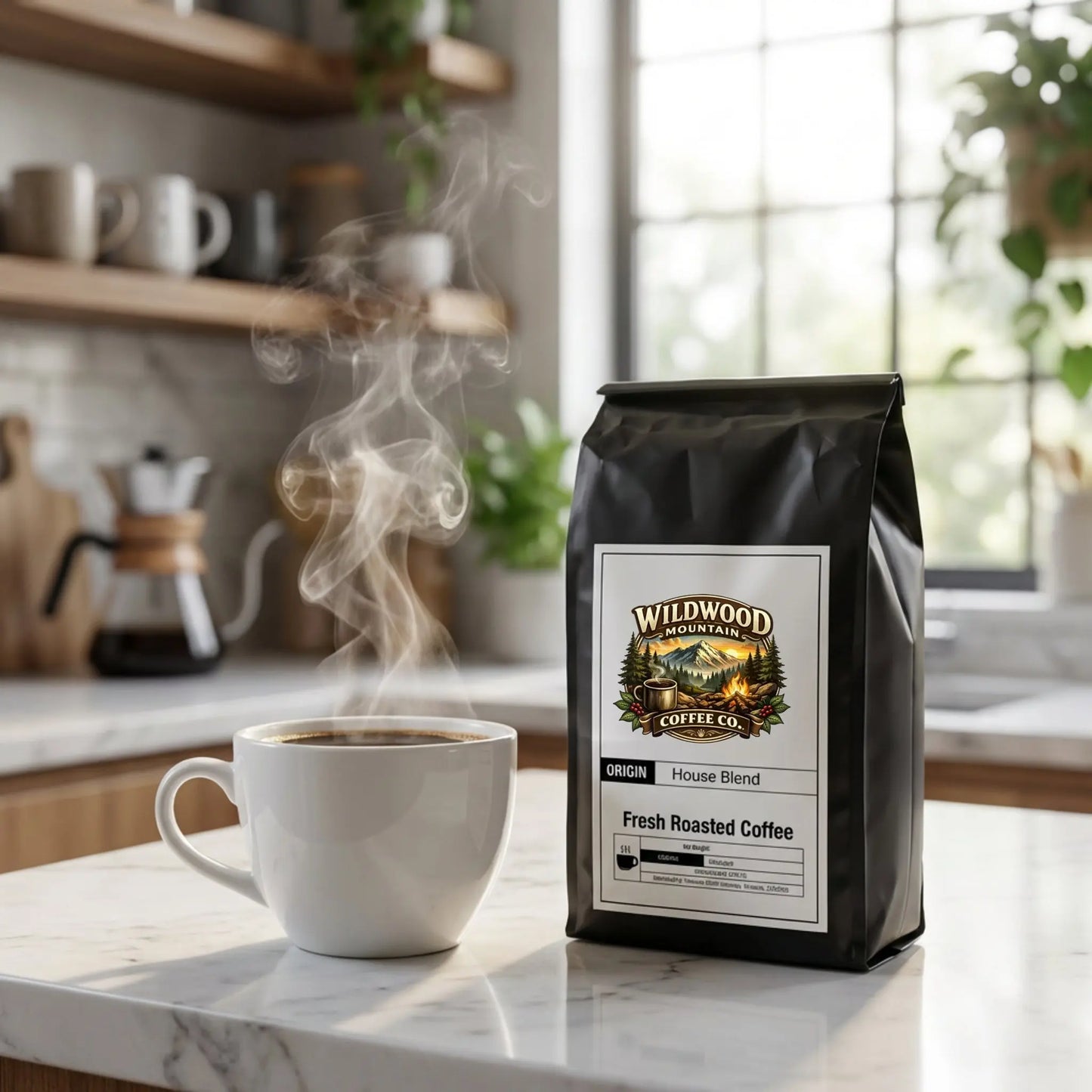 Steaming coffee cup next to a bag of Wildwood Coffee Co. coffee on a kitchen counter.