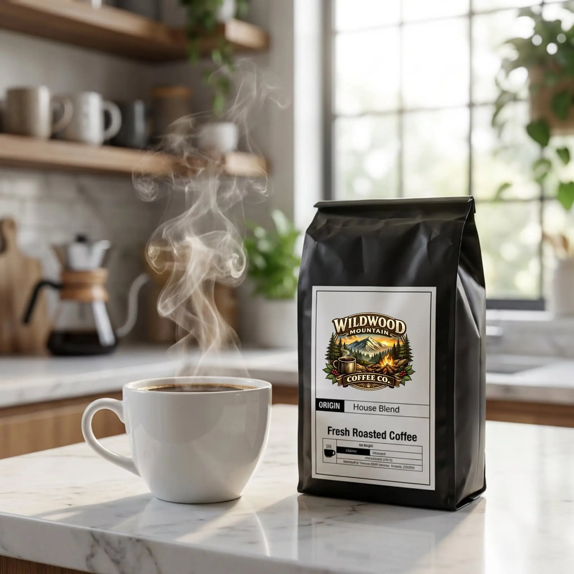 Steaming coffee cup next to a bag of Wildwood Coffee Co. coffee on a kitchen counter.