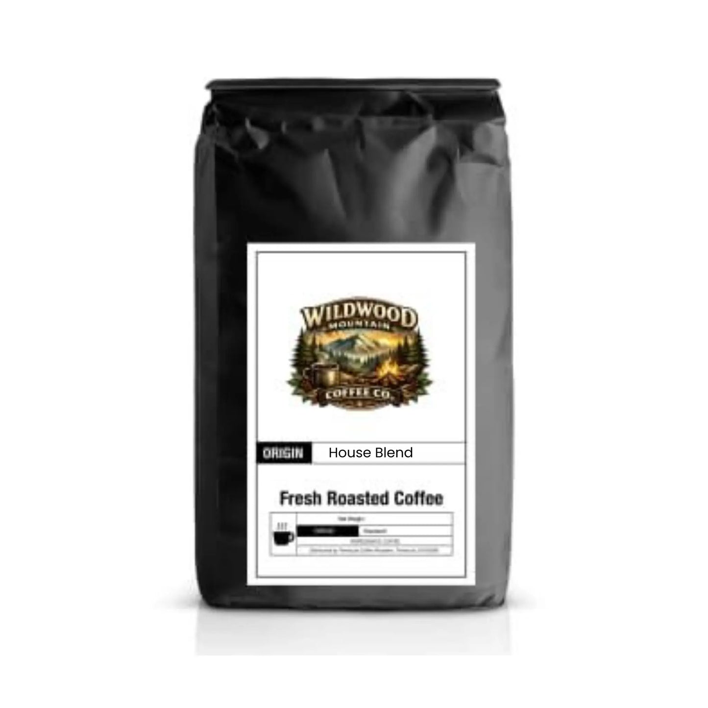 Black coffee bag with Wildwood Mountain Coffee Co. label on a white background