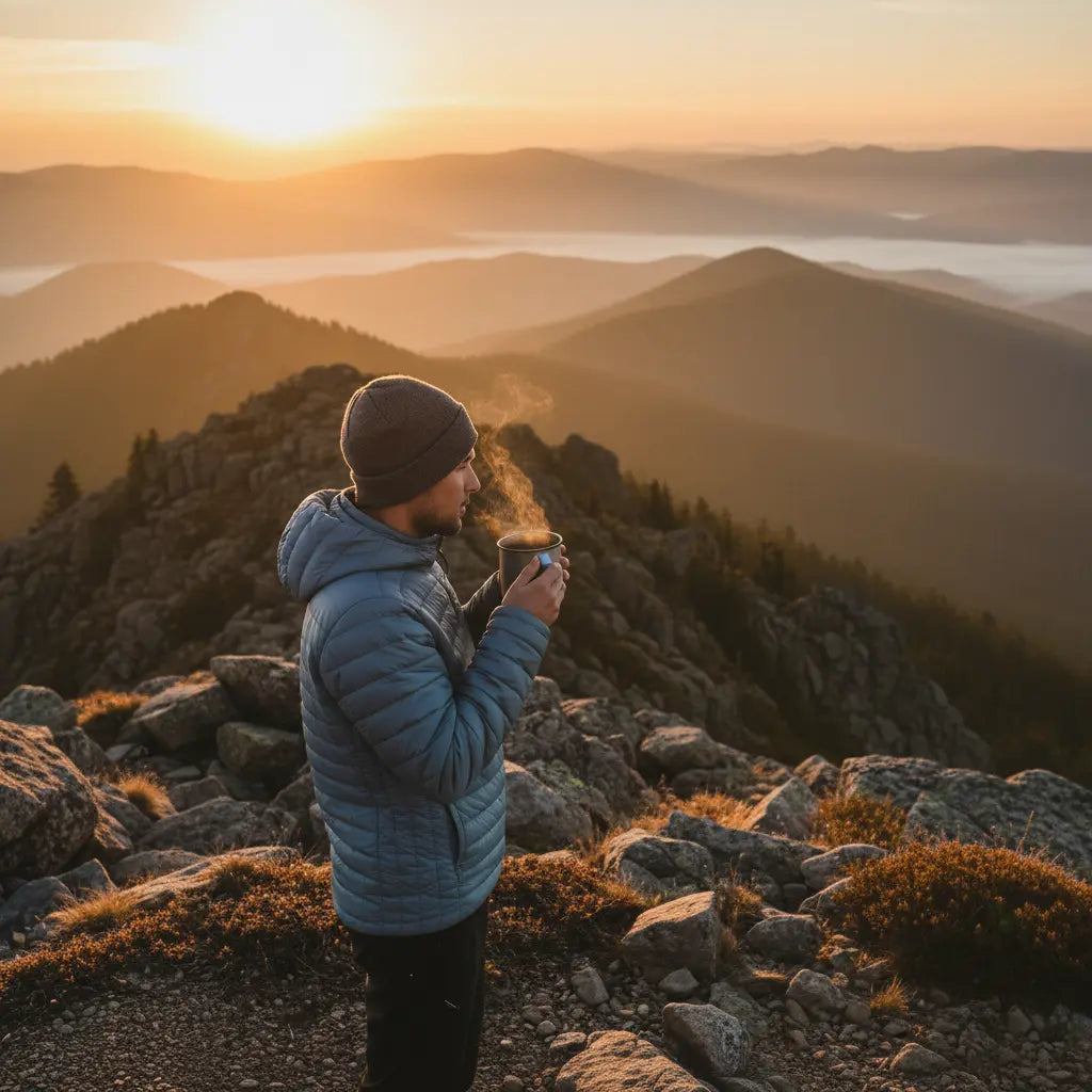 Hiker drinking from a mug with a scenic mountain view at sunset